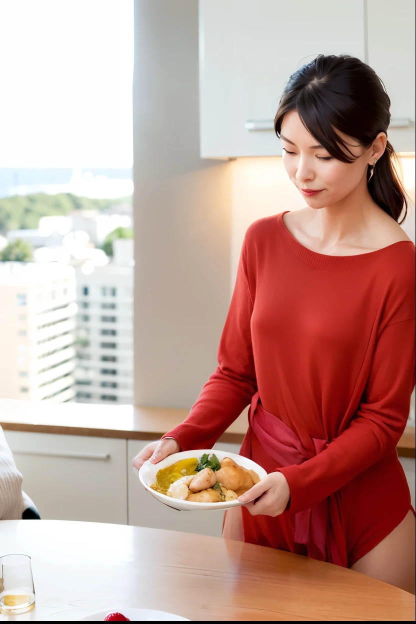 Woman holding a plate of food and a bowl of fruit in the kitchen, Stylish design, Art Mista, vivd details, dynamic contrast, Sleek streamlined design, Focus like a laser, award wining masterpiece, smooth vibrancy, Full dynamic color, Smooth surface, with soft, designed for cozy aesthetics!, fan favorite, The lines are clear and smooth