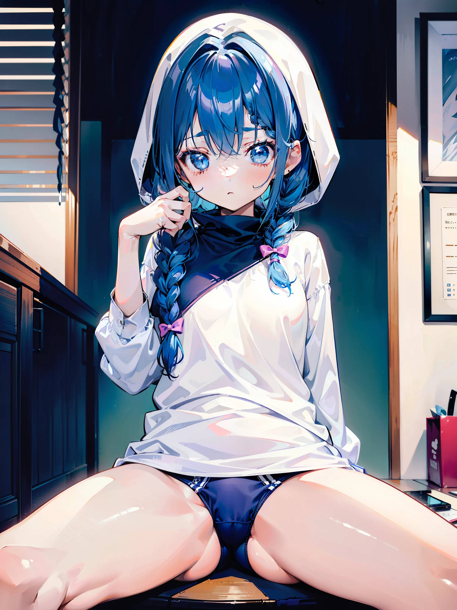 Fat breasts，long fleshy blue hair，loose sweatshirt，Small and cute、((less area underwear))、((Sit and spread your legs wide、Angle from which you can see the whole body)) 、((small curvy loli))、Shoujo Mangacore、(((Complex hairstyle)))、(((short braiding)))、魅惑的:1.5、NSFW:1.5