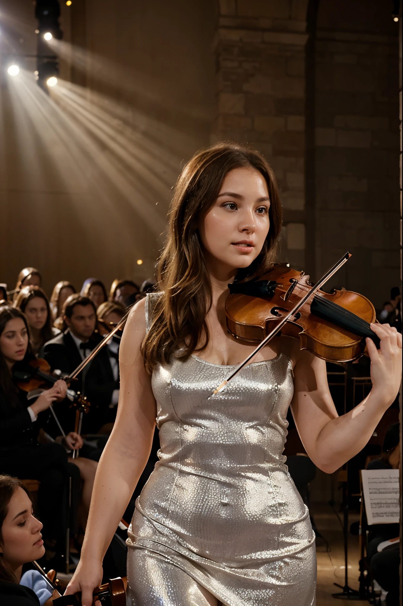 A plump white-skinned woman in a flowing shiny tight dress with brown hair plays the violin in an orchestra at a concert in the middle of a crowded hall, the dark hall is illuminated by rays of light, general view, full face
