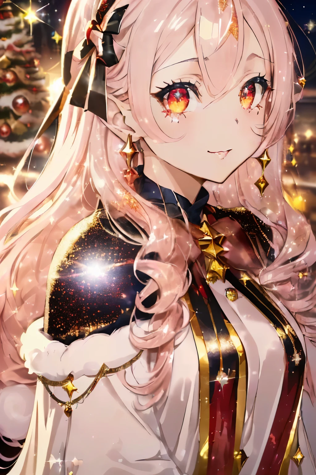 (Light pink hair:1.4),(long curly hair:1.4),(navy eyes:1.4),(With bangs),(Inside the store at night with beautiful illuminations),(A room lit by a fireplace or candlelight),((Christmas tree)),(Gorgeous fluffy Santa-style dress with volume:1.4),(A warm and luxurious cape),(The hem of the dress is long enough to reach the ground.:1.6),(sparkling accessories:1.4),Smile,Slight red tide,(Kamimei),(close up of face:1.65),(red and gold and silver and black:1.25),(Red Ribbon:1.35),(Eye size:1.6),(There's a sparkle in your eyes:1.5),