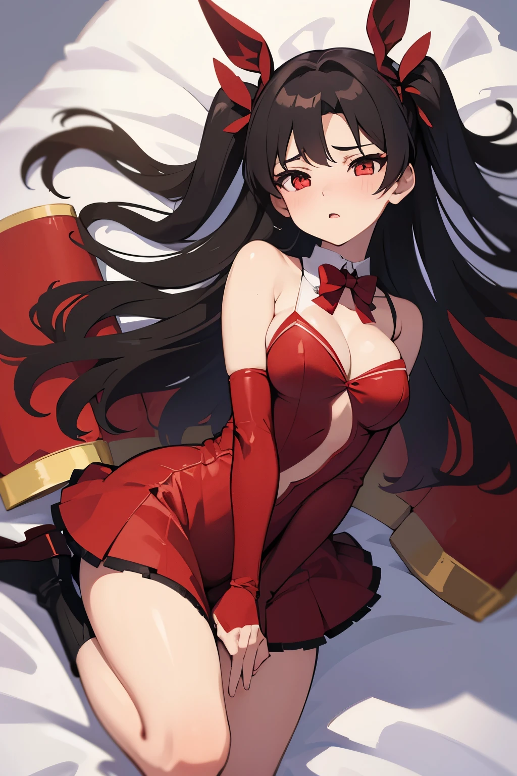 Tohsaka Rin, bunny girl outfit, emphasizing her breasts, exposed breasts, all fours, embarrassed, sexy, revealing outfit