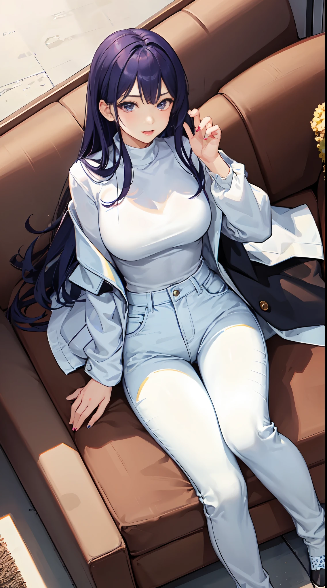 4k高清，1girll, 独奏, she is wearing a white coat，wearing a denim pants，Perfect thighs，sitting in the couch，Open your legtra big，Perfect handlack color hair