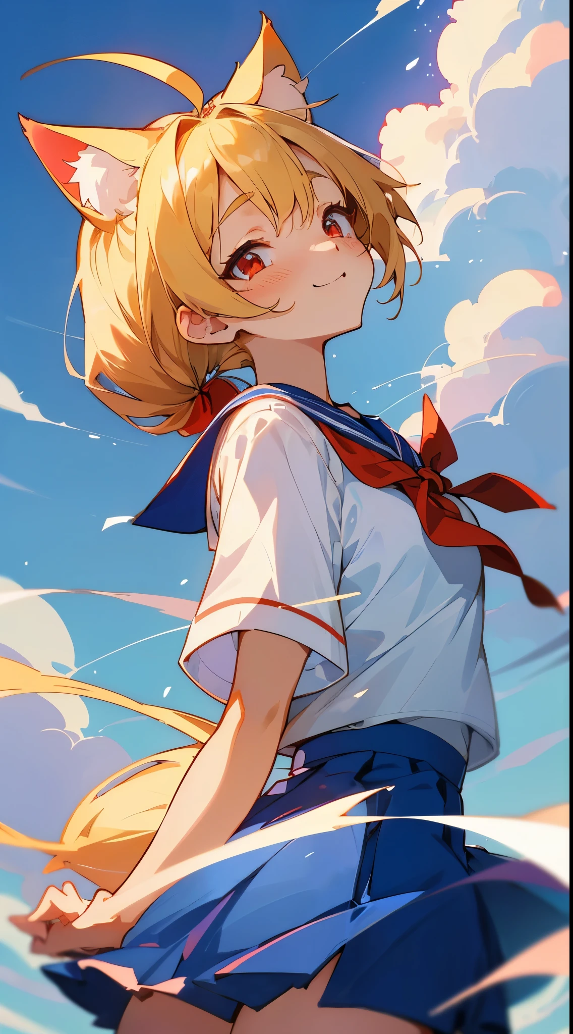 Anime Beautiful Girl, Blonde ponytail、Ahoge、big round red eyes、small tits、A slight smil、Laugh, Wallpaper, Looking Up, Cinematic, Clouds, Nekomimi, sailor suit white, Short sleeve, Half body, Short Blue Skirt, shiny detailed eyes, wlop, Sexy Beautiful Girl