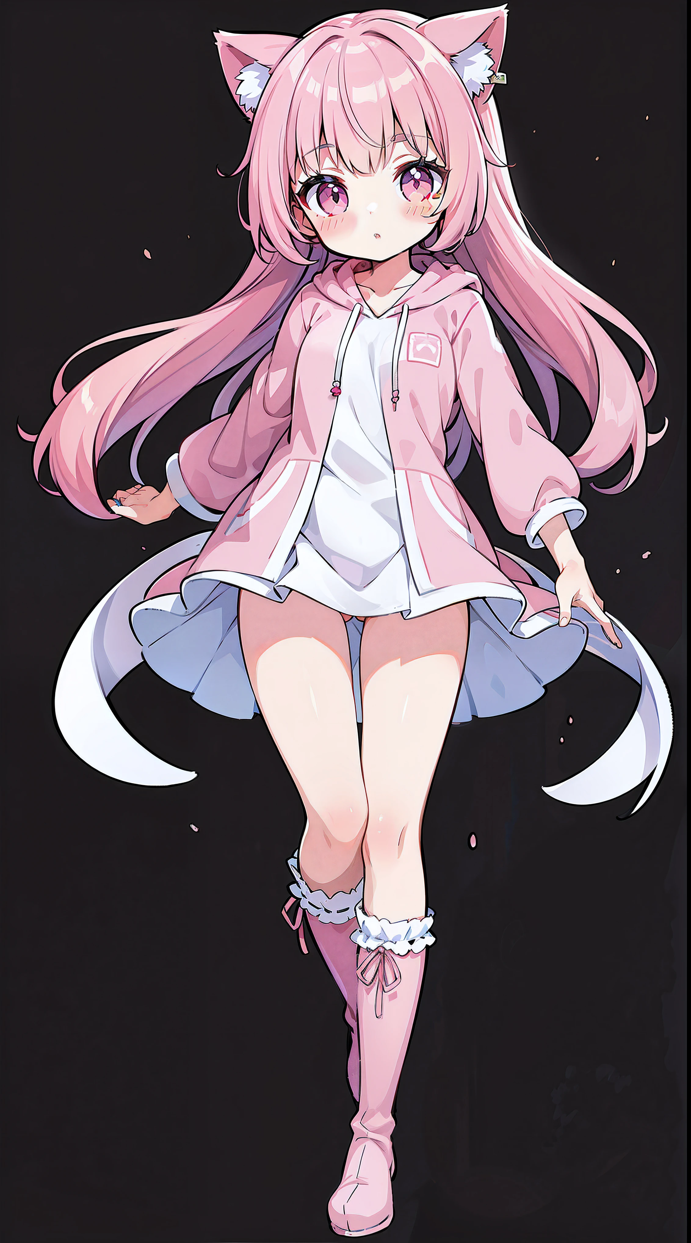 Cute girl with cat ears, japanese anime style, Moe Style, Whole body (Head-to-toe display), Alone, Standing, Authentic and highly detailed body, Petite, girl, 年轻, , Long hair, Bangs, Pink hair, Real and highly detailed face, Beautiful eyes that are real and highly detailed, Authentic and highly detailed arms and hands, Real and highly detailed human hands (Fingers) 5 pieces), a stunningly beautiful girl, Delicate and beautiful pink cat eyes, Real skin texture, pink hoodie, Miniskirt, Authentic and highly detailed pink striped knee high socks. (length above thigh), Authentic, detailed knee-high long boots (length above thigh)