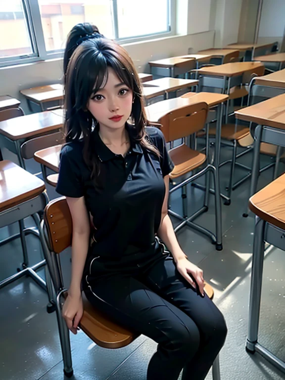 Best quality, tmasterpiece, 超高分辨率, realistically, A class full of -yeld juschool girls too body photos,Close-up of the crotch,Mushroom hairstyle,Black hair is folded into a beautiful face by the light,symptoms of urinary urgency,plump girl,Blue collar white pantyhose,The E cup sticks out tightly(),vacuum loading,((Light blue yoga pants)),Cystocele,The shape is visible,(sit down and show),Nipples Fully Visible.,pastel colour,(I like to show my audience),(Show your audience your),slightly thicker thighs,Cross your legs tightly,(((Schools force girls to abstain from 2400ml of urine for 24 hours))),Sit obediently on the chair in the classroom