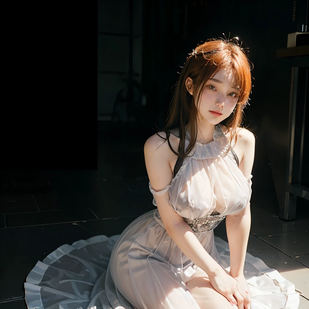 (tmasterpiece, Best quality at best), ((1 Sister, Alone, Long gray hair)), ishmael_limbus, An innocent expression, arma, bshoulders, coll, Eaucolor, sun skirt, liquid clothes, Eau, 汹涌的The large海, Eau dress, blue_The subject, natta, thin fog, Dark, Focus sharp, The large, see through dresses, orange color hair