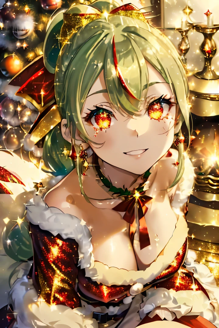 (light green hair:1.4),(curled fluffy ponytail:1.4),(Orange Eyes:1.4),(With bangs),(Inside the store at night with beautiful illuminations),(A room lit by a fireplace or candlelight),((Christmas tree)),(Gorgeous fluffy Santa-style dress with volume:1.4),(Santa clothes like an idol:1.45),(A warm and luxurious cape),(The hem of the dress is long enough to reach the ground.:1.6),(sparkling accessories:1.4),Big smile,Slight red tide,(Kamimei),(close up of face:1.65),(red and gold and silver and black:1.25),(Red Ribbon:1.35),(Eye size:1.6),(There's a sparkle in your eyes:1.5),