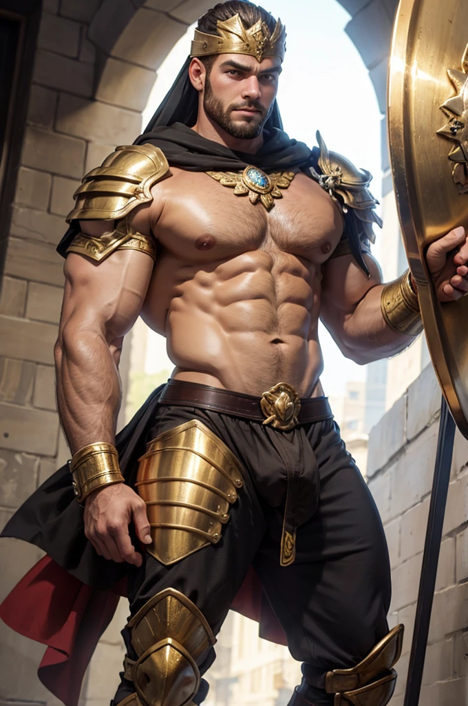 um Gladiador Furioso usando um elmo dourado, barba grande, corpo extremamente grande e musculoso , holding a golden shield in his left hand and a golden spear in his right hand, Super Strength , corpo peludo , corajoso, sem camisa , peito grande e peludo, Gay , sedutor