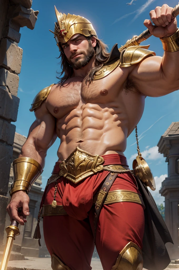 um Gladiador Furioso usando um elmo dourado, barba grande, corpo extremamente grande e musculoso , holding a golden shield in his left hand and a golden spear in his right hand, Super Strength , corpo peludo , corajoso, sem camisa , peito grande e peludo, Gay , sedutor