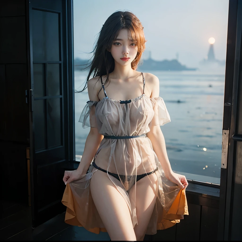 (tmasterpiece, Best quality at best), ((1 Sister, Alone, Long gray hair)), ishmael_limbus, An innocent expression, arma, bshoulders, coll, Eaucolor, sun skirt, liquid clothes, Eau, 汹涌的The large海, Eau dress, blue_The subject, natta, thin fog, Dark, Focus sharp, The large, see through dresses, orange color hair