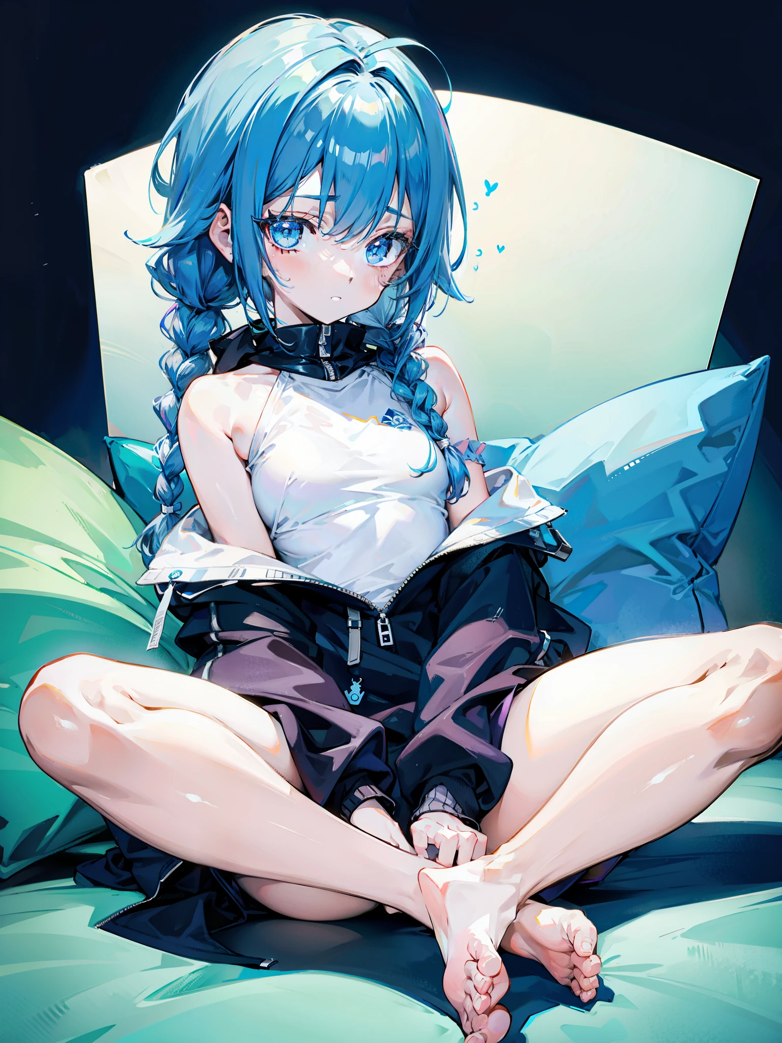 Fat breasts,long fleshy blue hair,loose sweatshirt,Small and cute、((less area underwear))、((Sit and spread your legs wide、Angle from which you can see the whole body)) 、((small curvy ))、Shoujo Mangacore、(((Complex hairstyle)))、(((short braiding)))、魅惑的:1.5、NSFW:1.5