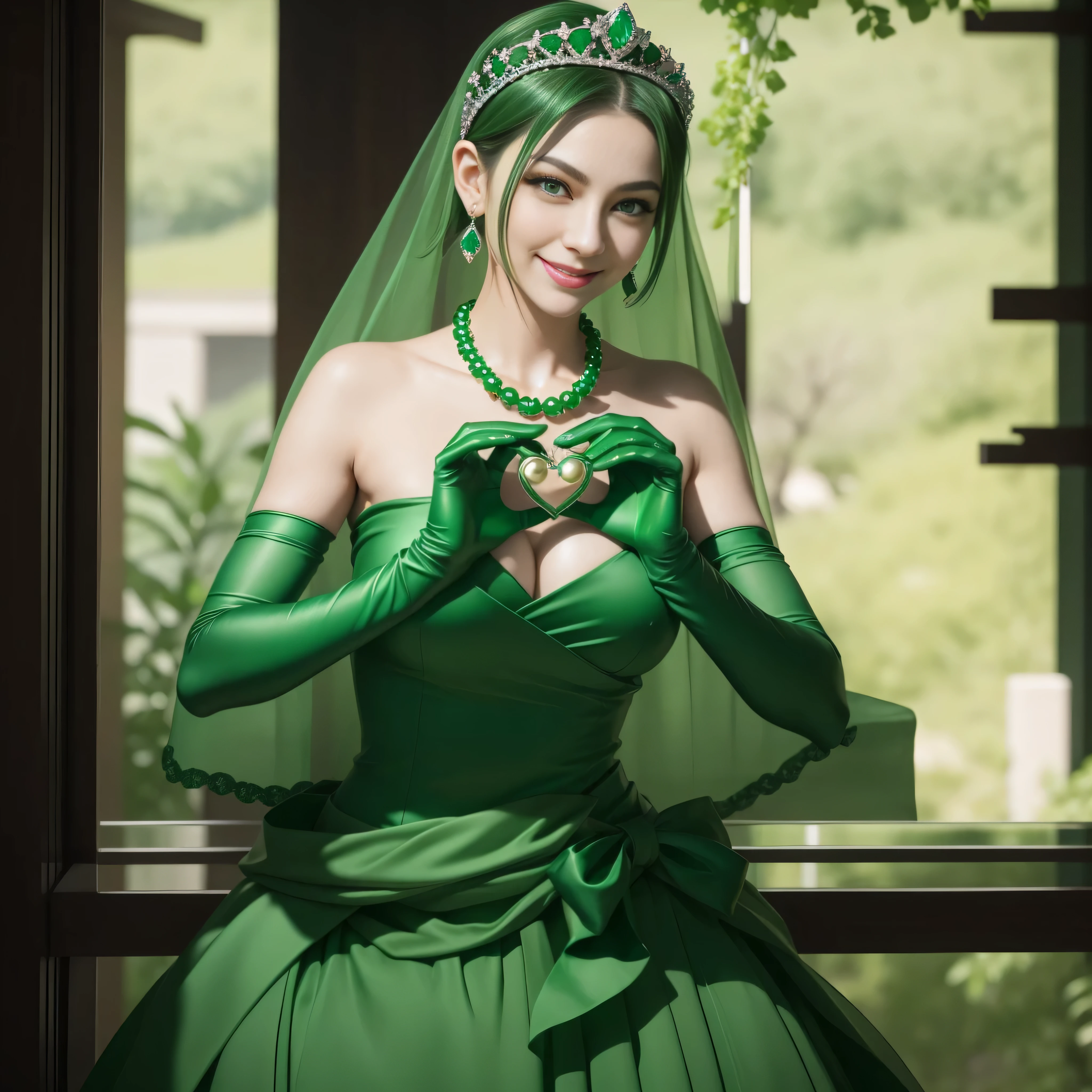 emerald tiara, Green Pearl Necklace, Boyish very short green hair, lipsticks, Japan woman smiling, very short short hair, big breasts beautiful, Green eyes, Long green gloves made of satin material, Green eyes, Emerald Earrings, green vale, 両Heart in the hand, Heart in the hand