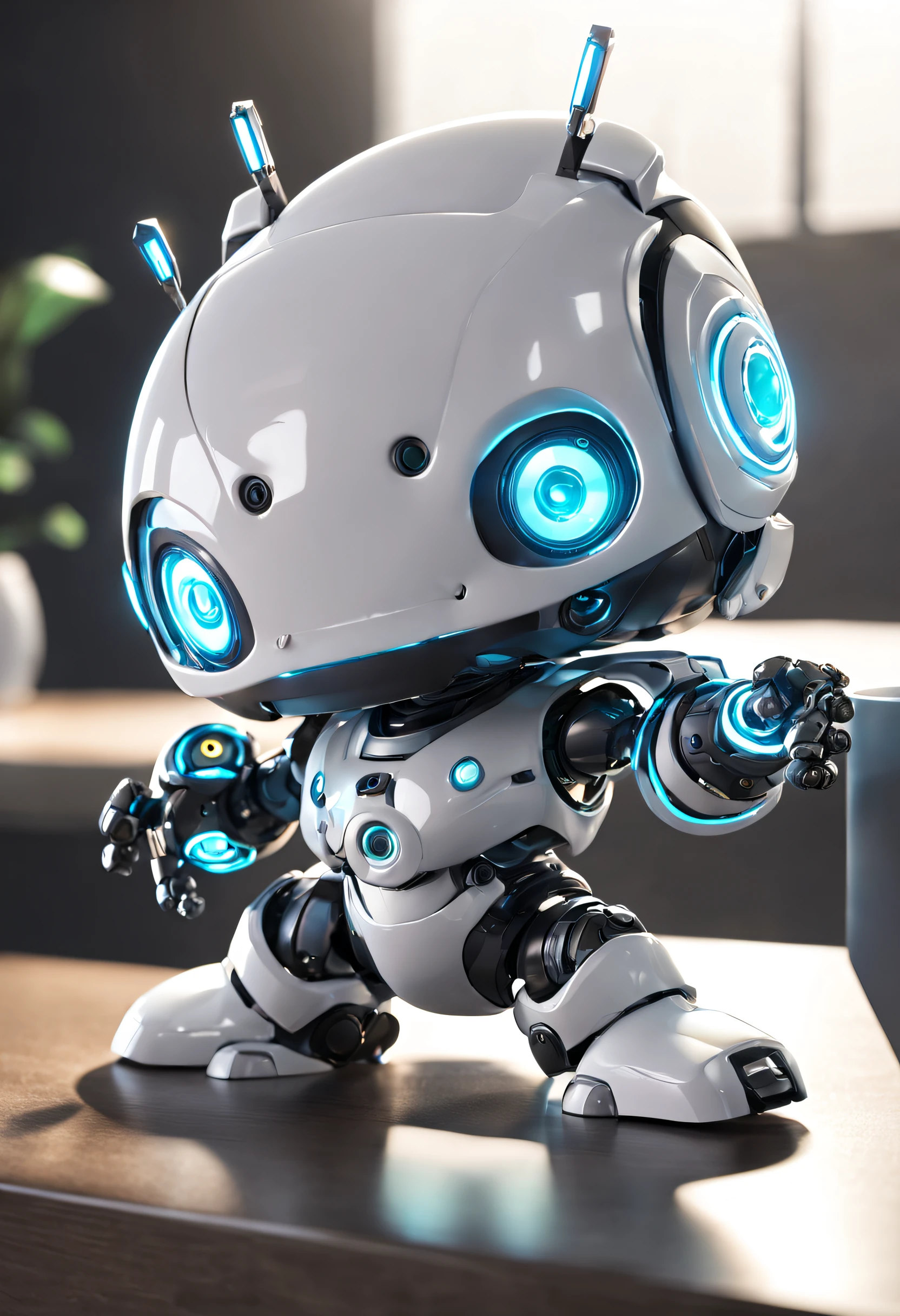 a close up of a robot on a table, a 3D render, by jeonseok lee, digital art, adorable glowing creature, style as nendoroid, with futuristic gear and helmet, glossy white armor