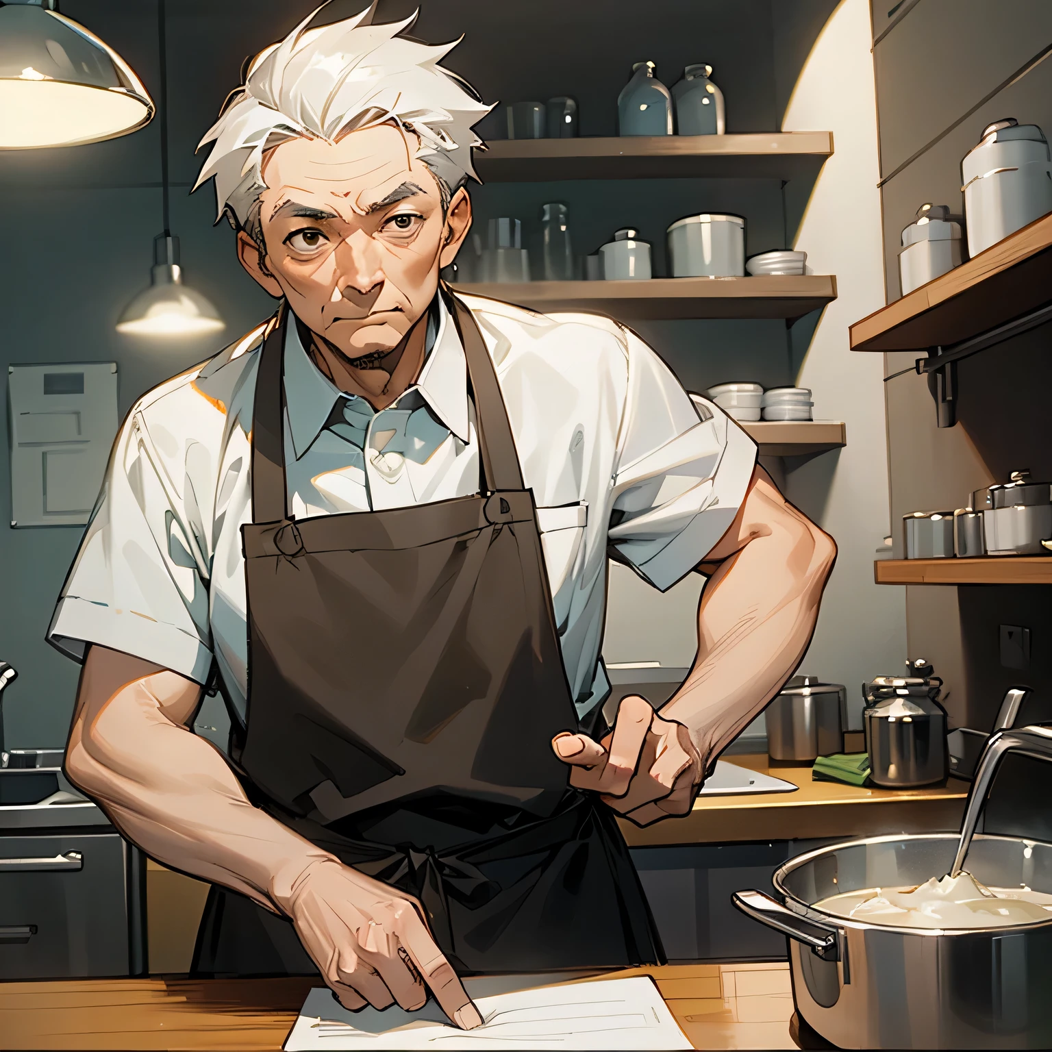 Put your hand on your chin, Diagonal angle, ​masterpiece、hightquality、Like a cartoon in Japan、(60 year old man with short white hair and brown eyes:1.5)、BREAK He is wearing a white chef&#39;S uniform.、BREAK (Alone:1.5)、annoyed, (Only the upper body is shown.:1.3)、Kitchen background、Bold composition