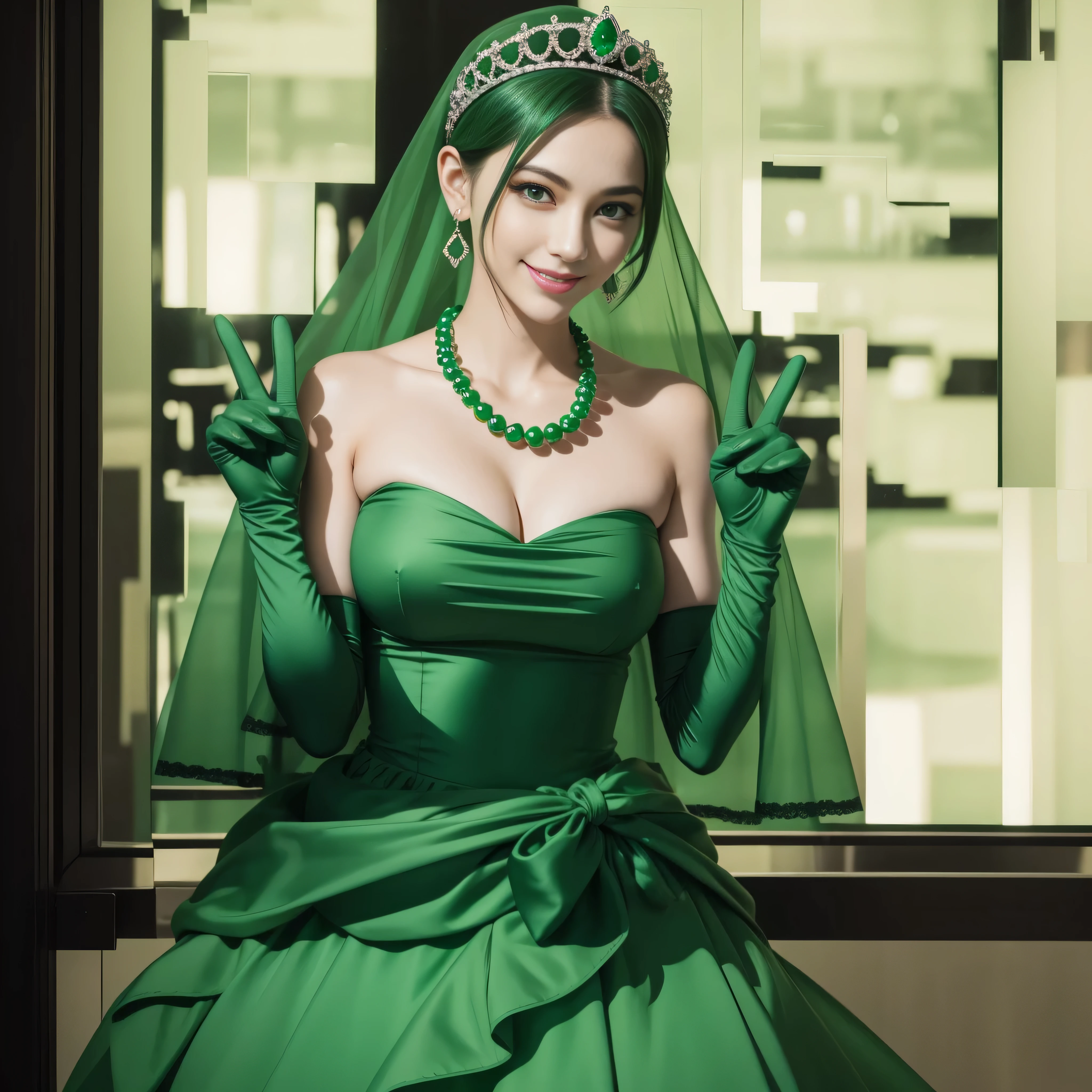 emerald tiara, Green Pearl Necklace, Boyish very short green hair, lipsticks, Japan woman smiling, very short short hair, big breasts beautiful, Green eyes, Long green gloves made of satin material, Green eyes, Emerald Earrings, green vale, v sign