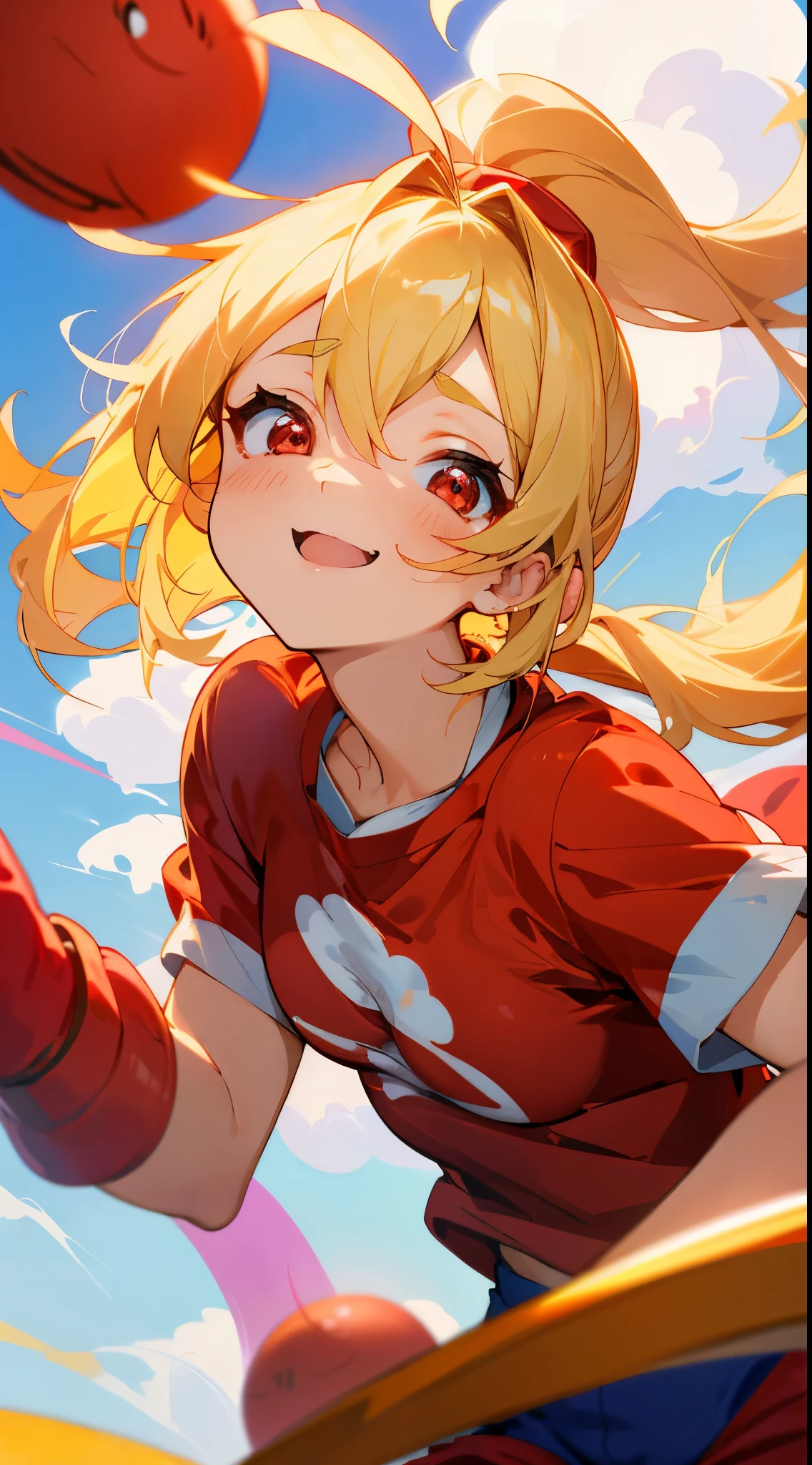 Anime Beautiful Girl, Blonde ponytail、Ahoge、big round red eyes、small tits、A slight smil、Laugh, Wallpaper, Looking Up, Cinematic, Clouds, Red T-shirt、shortpants, shiny detailed eyes, wlop, Sexy Beautiful Girl