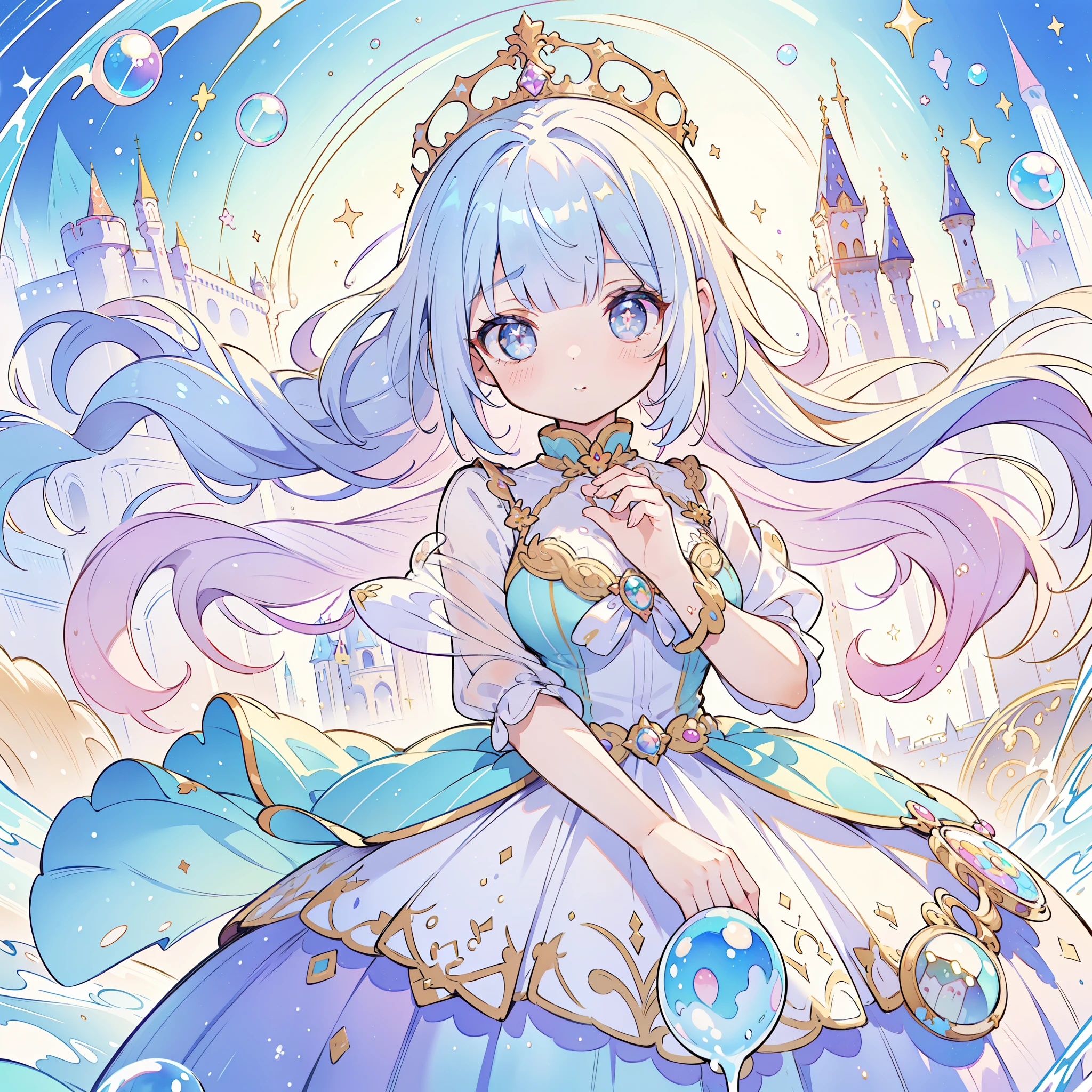 masterpiece, best quality, 8k resolution, sharp focus, intricate detail, beautiful girl, sparkling eyes, golden ratio face, otherworldly liquid, watercolor, ((pastel colorright colors, whimsical, colorful, sharp focus, high resolution, fine detail, princess fantasy ballgown, ((round eyes)), iridescent bubbles, castle landscape in background