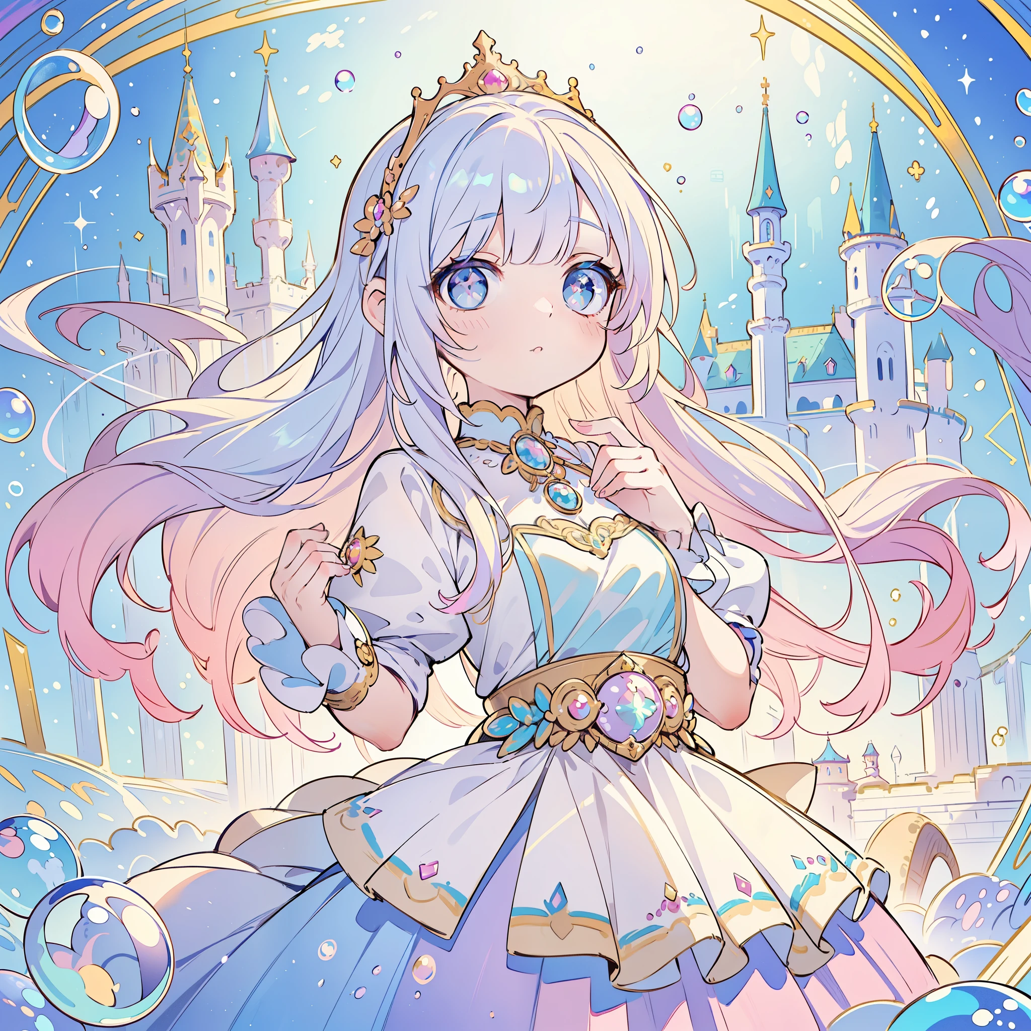 masterpiece, best quality, 8k resolution, sharp focus, intricate detail, beautiful girl, sparkling eyes, golden ratio face, otherworldly liquid, watercolor, ((pastel colorright colors, whimsical, colorful, sharp focus, high resolution, fine detail, princess fantasy ballgown, ((round eyes)), iridescent bubbles, castle landscape in background