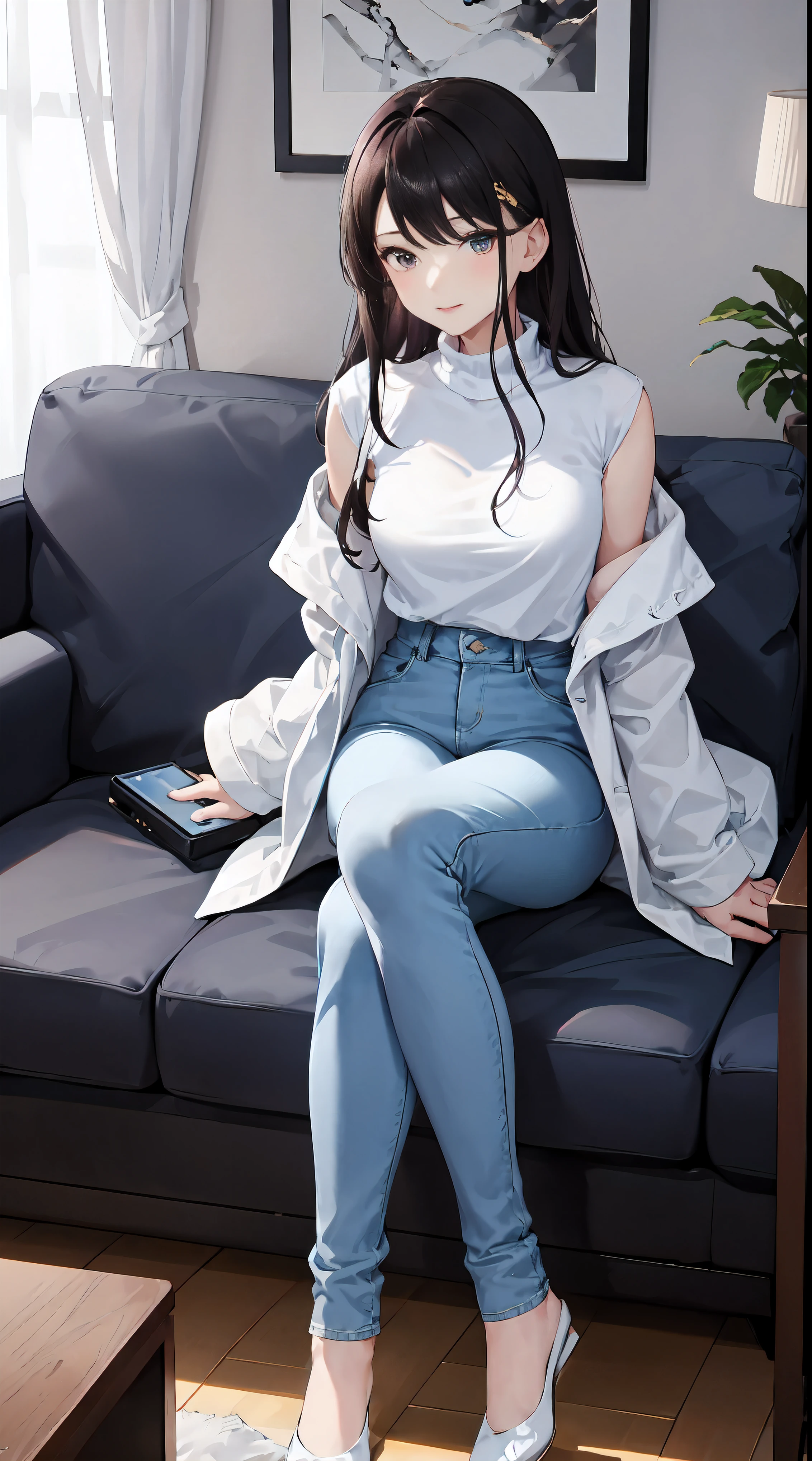 masterpiece, highest quality, High resolution, 1. A girl without shoes、I don't have shoes, Nails on the toenails、Burausu、skinny denim、、smile, sitting, Chair