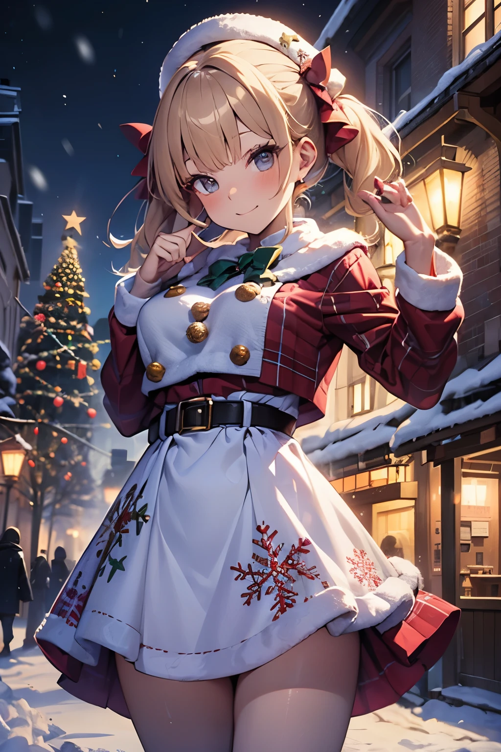 gyaru dressed in colorful Christmas illumination costumes, posing in a festively decorated winter wonderland with sparkling lights and snowflakes falling around them, capturing the festive and fashion-forward spirit of the holiday season.