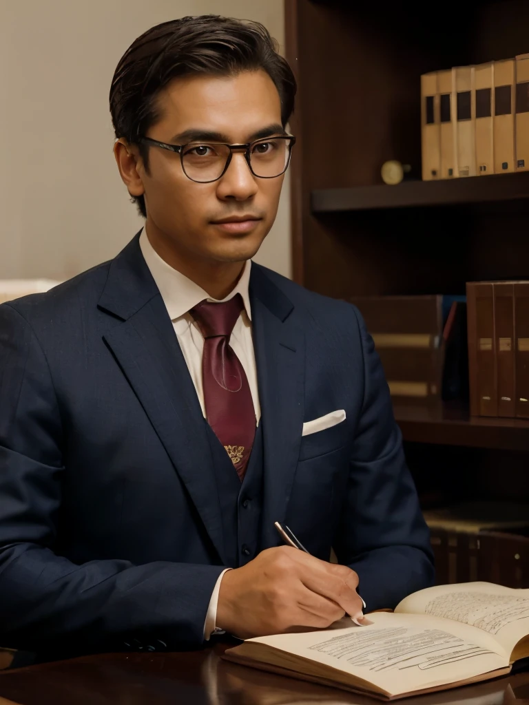 An Asia man in an office, wearing glasses, with a background of legal documents and books. The man has a confident and professional demeanor. His eyes are sharp and attentive, reflecting his expertise in the field of law. He is dressed in a well-tailored suit with a crisp white shirt and a tie. The room is filled with shelves stacked with law books, legal documents, and various legal artifacts. The lighting in the office is warm and inviting, casting a soft glow on the man and illuminating the intricate details of the documents. The overall color tone of the image is sophisticated and professional, with a mix of deep browns, navy blues, and hints of burgundy. The high-resolution image captures every fine detail, from the texture of the man's suit to the glasses perched on his nose. The scene exudes professionalism, knowledge, and expertise, showcasing the essence of a legal expert in his element.