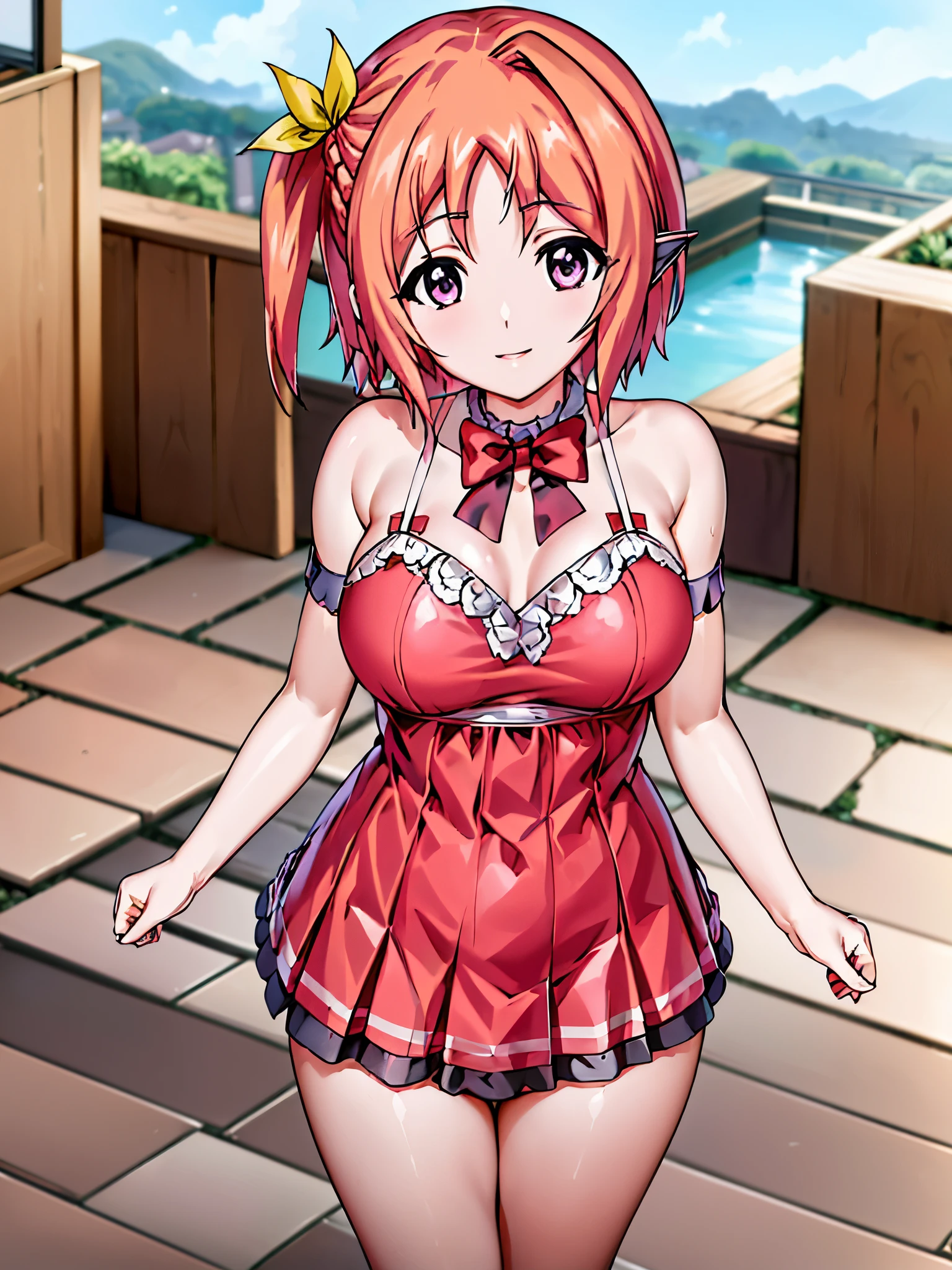 masutepiece, Best Quality, hight resolution, Arkururu, Long hair, two side up, Hair Ornament, pointy ear, Small breasts, frilled choker, Red bow, Bare shoulders, Black Dress, Detached sleeves, sleeves past wrists. thighs thighs thighs thighs, Night, Ruins, On the rooftop, Outstretched arms, Smile, building, Standing, Cowboy Shot,((less area underwear))、((Sit and spread your legs wide、Angle from which you can see the whole body)) 、((small curvy ****))、Shoujo Mangacore、(((Complex hairstyle)))、(((short braiding)))、魅惑的:1.5、NSFW:1.5