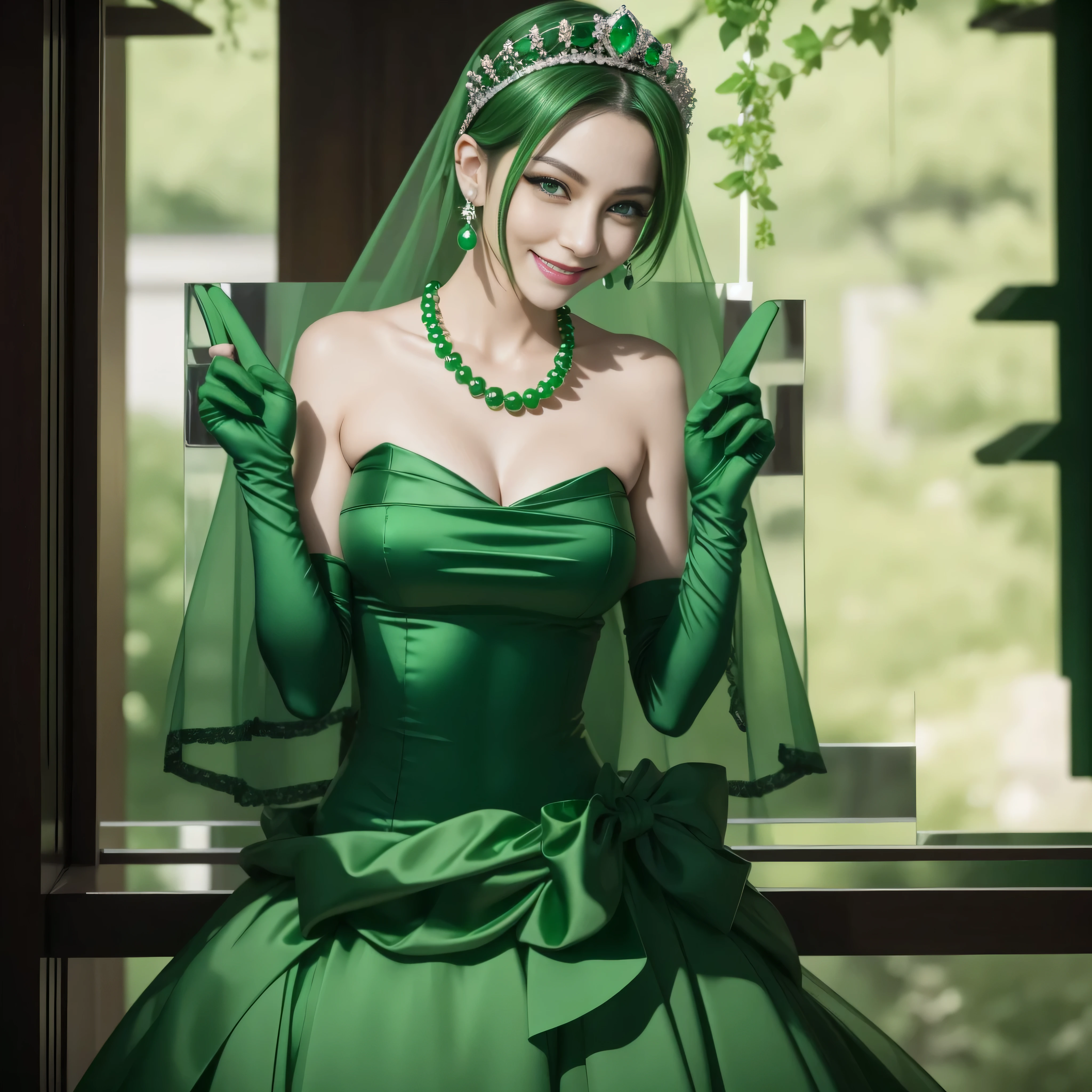 emerald tiara, Green Pearl Necklace, Boyish very short green hair, lipsticks, Japan woman smiling, very short short hair, big breasts beautiful, Green eyes, Long green gloves made of satin material, Green eyes, Emerald Earrings, green vale, v sign