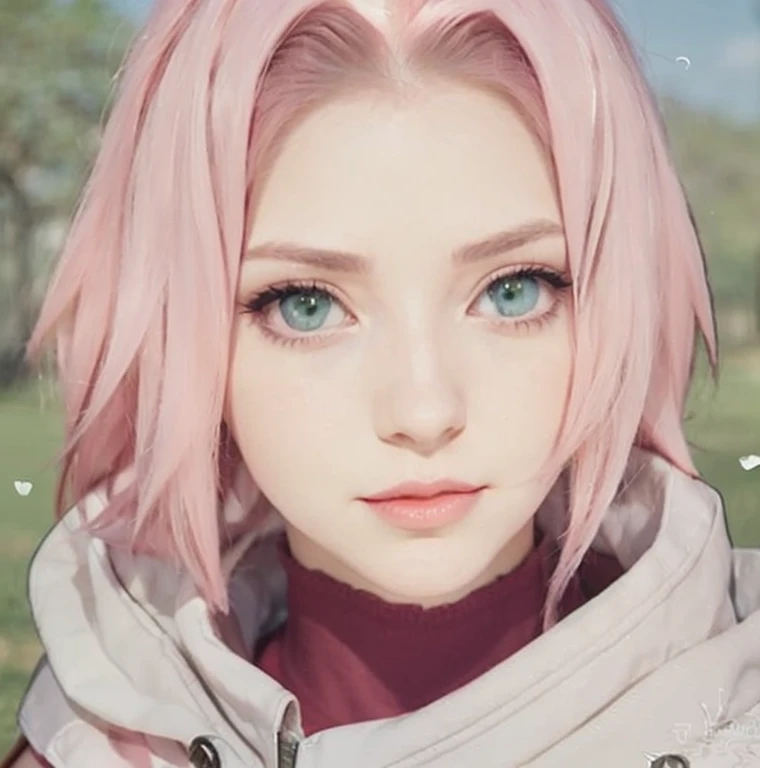 young woman, porcelain skin, long pink hair, wide forehead, thin pink eyebrows, emerald green eyes, upturned nose, thick red lips, heart-shaped face, red and white dress, Sakura Haruno, 3d, realism