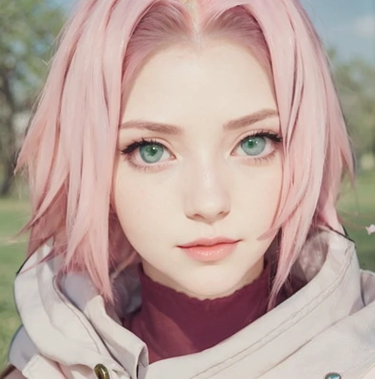 young woman, porcelain skin, long pink hair, wide forehead, thin pink eyebrows, emerald green eyes, upturned nose, thick red lips, heart-shaped face, red and white dress, Sakura Haruno, 3d, realism