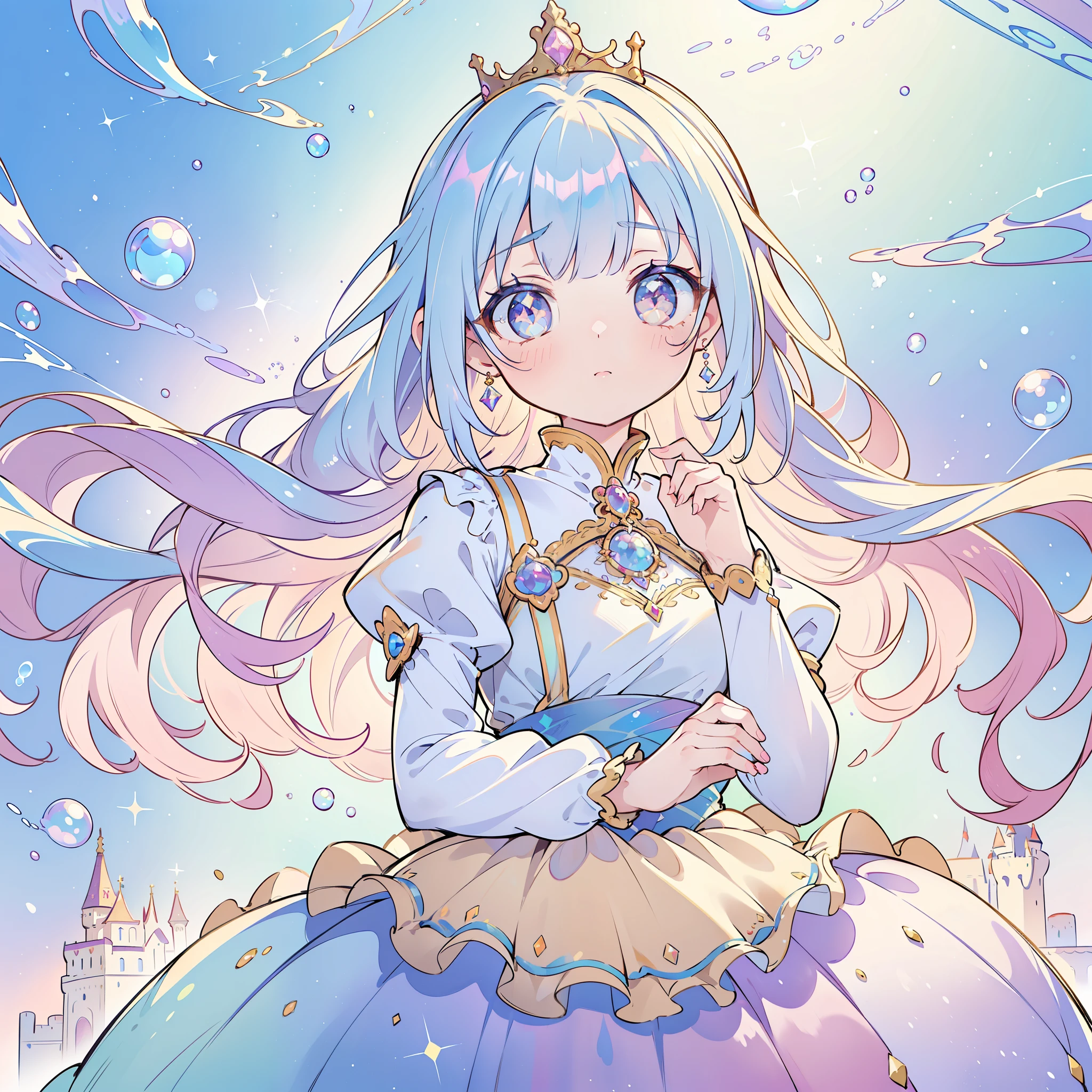 masterpiece, best quality, 8k resolution, sharp focus, intricate detail, beautiful girl, sparkling eyes, golden ratio face, otherworldly liquid, watercolor, ((pastel colorright colors, whimsical, colorful, sharp focus, high resolution, fine detail, princess fantasy ballgown, ((round eyes)), iridescent bubbles, castle landscape in background