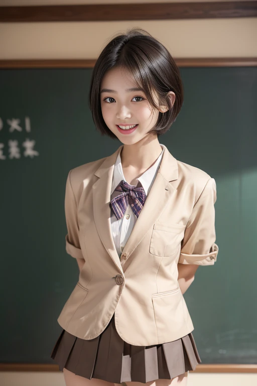 (((masterpiece))), (One beautiful Japan girl, Pure and innocent,kawaii) ,超A high resolution, Realistic, ultra-detailliert, 8K,top-quality, Extremely detailed, A slender,very beautiful japanese girl, Detailed face:1.3), (Boyish short-haired,A dark-haired :1.4), (a ,kawaii系,adorable 14 year o(Perfect body:1.1), (Brown blazer, Brown pleated mini skirt),Show your beautiful teeth,Laughing with open mouth, Super Detailed Face、Detailed lips、A detailed eye、small gravure idol,Transparent skin,Lori,Japanese high school uniform with the school emblem on the chest,writing on the blackboard,facing back