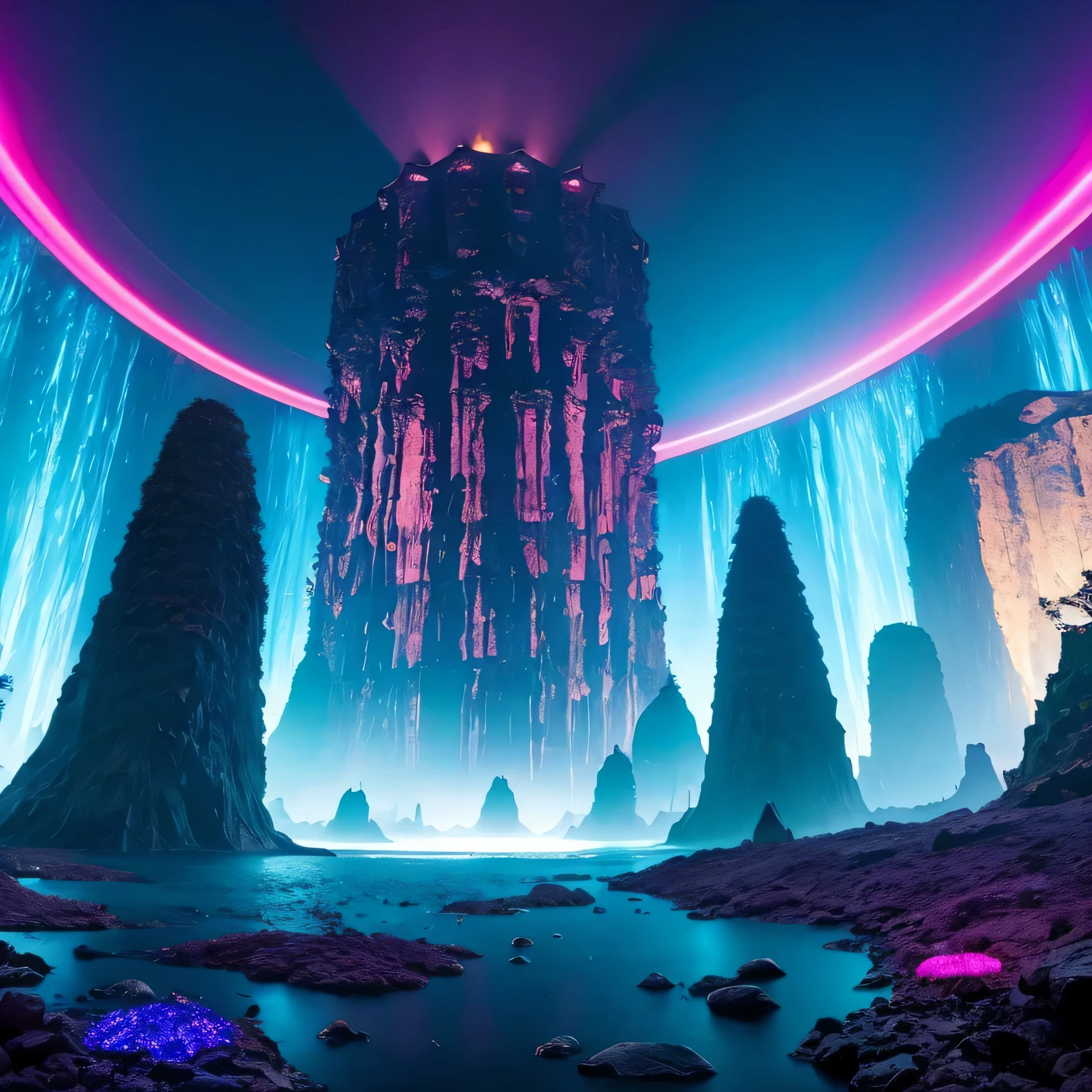 Alien Hexagonal Base (very detailed nipples) In a hexagonal mountain oasis,There are several hexagonal exhaust fans and chimneys, some neon lights projecting from the base,Light up the dark night), There are some clouds in the night sky, Some surrounding planets provide air to unknown planets,The most remote giant hexagonal volcano erupts,the rainforest