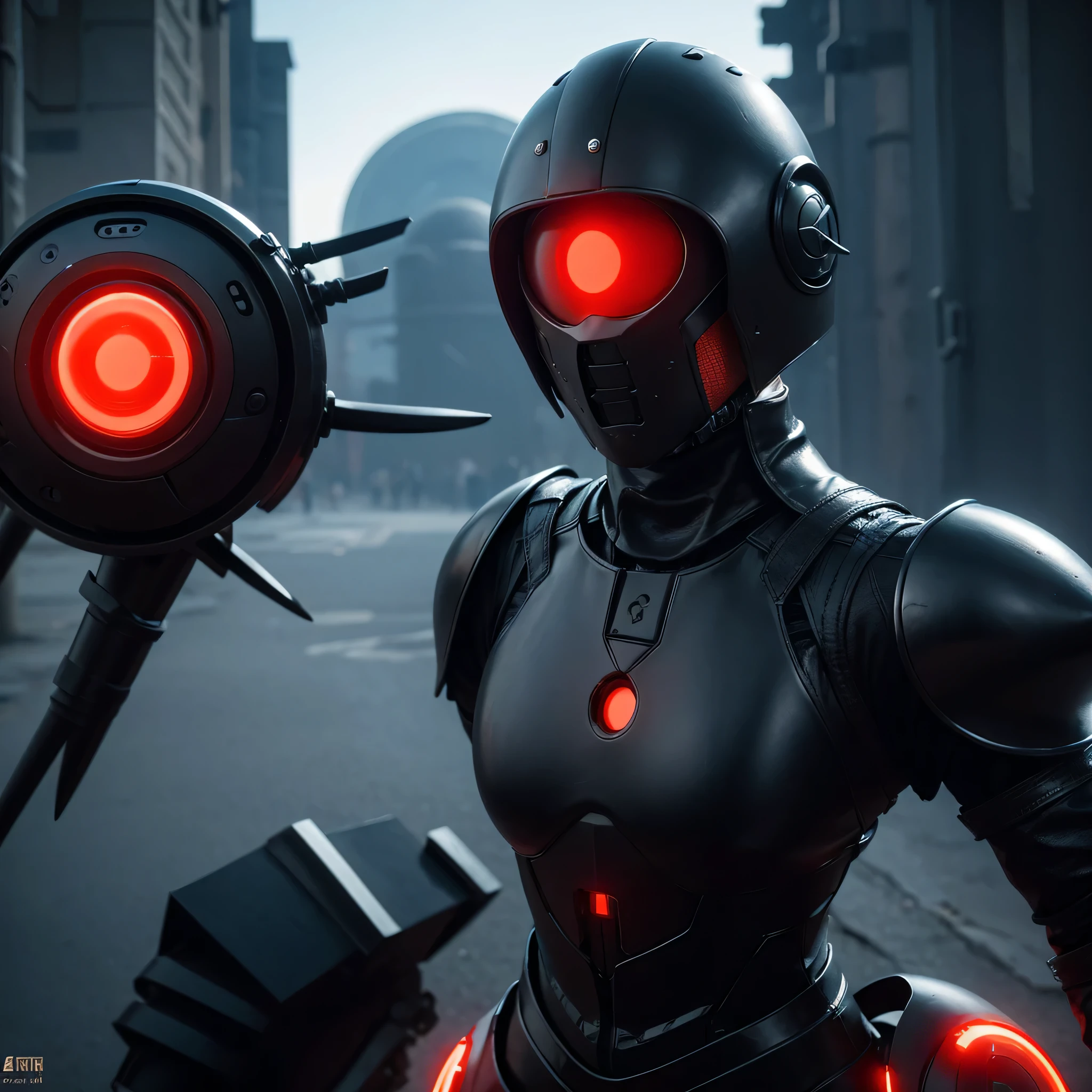 Android ninjas dressed in black leather armor with circular smooth silver dome tear shaped helmets one flat and a glowing red circle on the face plate like a cyclops attacking a city with futuristic energy swords
