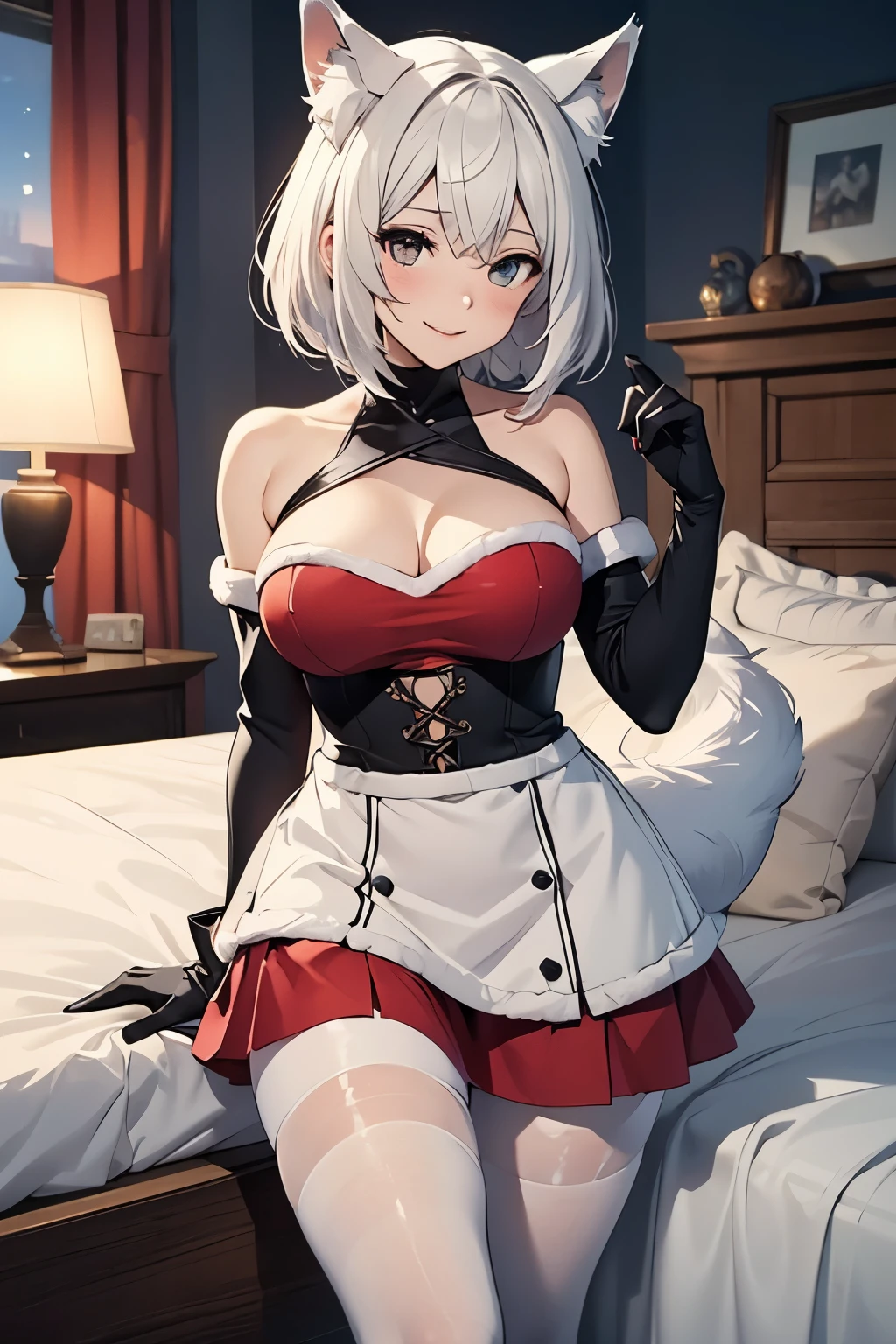 masutepiece high-level image quality 最high-level image quality 8K adult lady portlate long gloves in white((Bran's gloves)) Stockings((pantyhose lanche)) santa costume((Tube Top)blanche)a miniskirt) Wolf ears shorth hair((short-cut)(White hair)(perm)(fluffly)) Eye color is blue Face((A smile)(Opening Mouth)(Red cheeks)) ((natta)(Bedroom) is standing