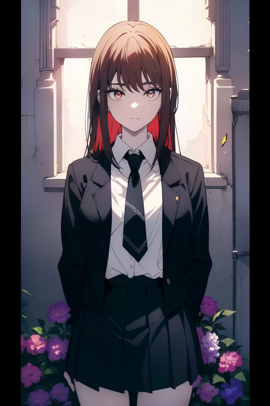 ((((Obra maestra, La mejor calidad, ultrahigh resolution)))), 1girl, standing, ((wearing school uniform, pleated skirt, blazer)), long hair cut, pale skin, ((brown eyes)), (glowing_eyes, luminescent eyes), (ultra detailed eyes:0.7, beautiful and detailed face, detailed eyes:0.9), ((centered)), smile, ((wide shot)), facing viewer, (((vibrant background of darkness and LSD flowers, bright lighting, summer, sunlight))), flat chested, looking at viewer, ((perfect hands)), ((head:1, hips, elbows, arms, in view)), ((hands behind back)), beautiful lighting, defined subject, (25 years old), ((cool looking)), Chi no Wadachi