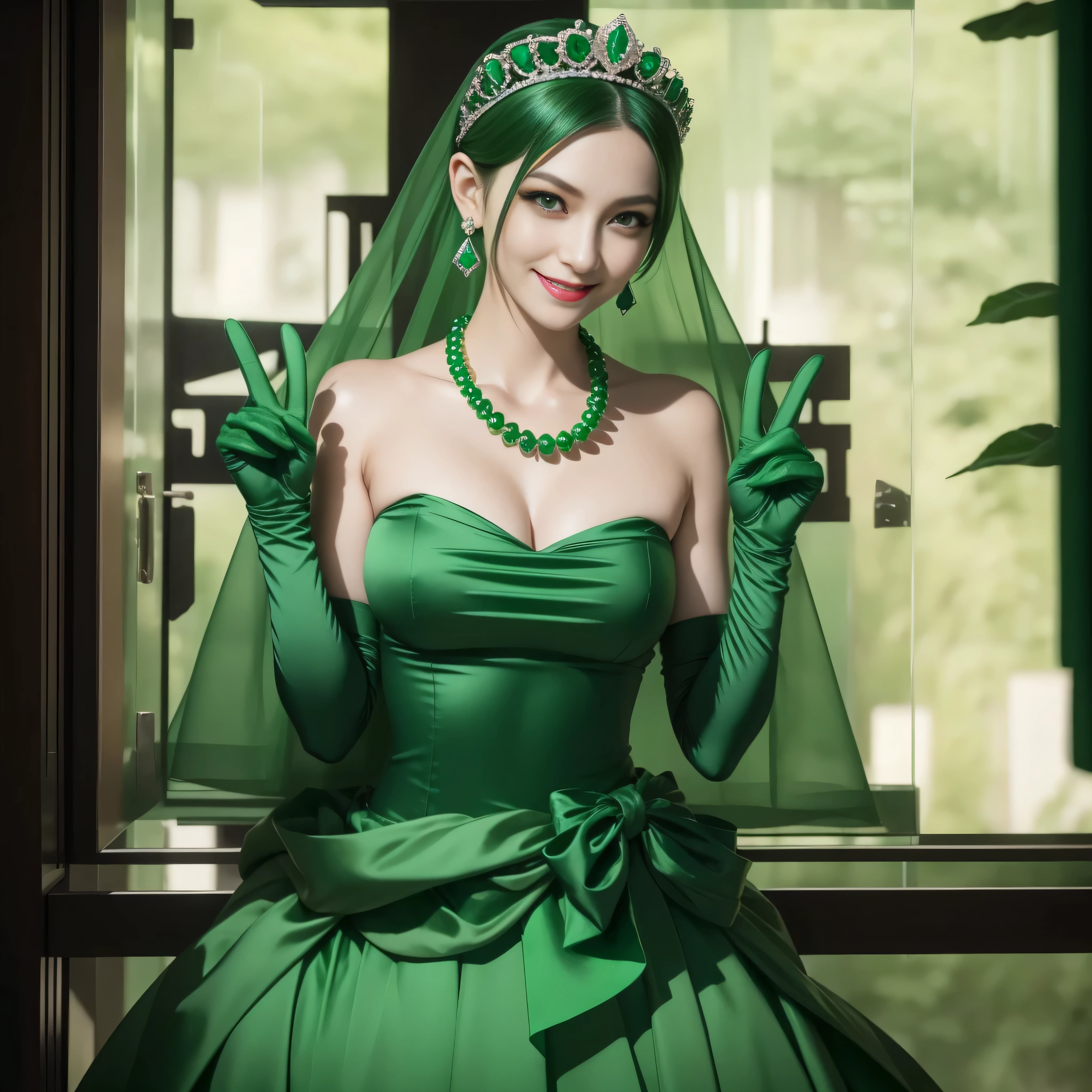 emerald tiara, Green Pearl Necklace, Boyish very short green hair, lipsticks, Japan woman smiling, very short short hair, big breasts beautiful, Green eyes, Long green gloves made of satin material, Green eyes, Emerald Earrings, green vale, v sign