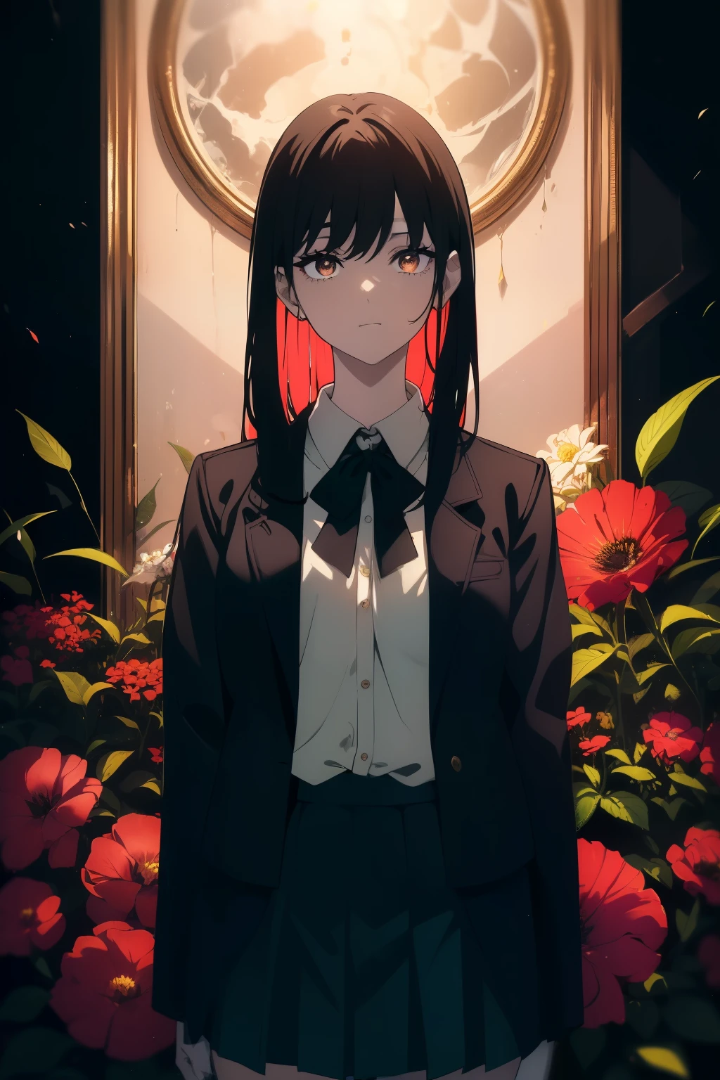 ((((Obra maestra, La mejor calidad, ultrahigh resolution)))), 1girl, standing, ((wearing school uniform, pleated skirt, blazer)), long hair cut, pale skin, ((brown eyes)), (glowing_eyes, luminescent eyes), (ultra detailed eyes:0.7, beautiful and detailed face, detailed eyes:0.9), ((centered)), smile, ((wide shot)), facing viewer, (((vibrant background of darkness and LSD flowers, bright lighting, summer, sunlight))), flat chested, looking at viewer, ((perfect hands)), ((head:1, hips, elbows, arms, in view)), ((hands behind back)), beautiful lighting, defined subject, (25 years old), ((cool looking)), Chi no Wadachi