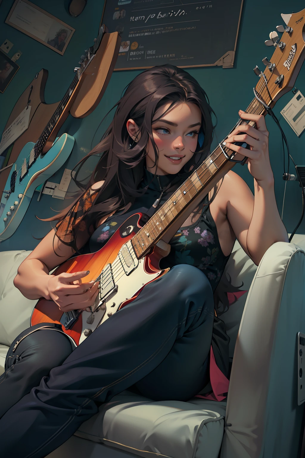 woman sitting on a couch playing a guitar and smiling, violet myers, guitar solo, playing guitar, the girl plays the guitar, playing the guitar, playing a guitar, playing guitars, playing electric guitar, holding a electric guitar, holding an electric guitar, rocking out, video screenshot, women playing guitar, holding electric guitar, futuristic electric guitar, jaw-dropping beauty