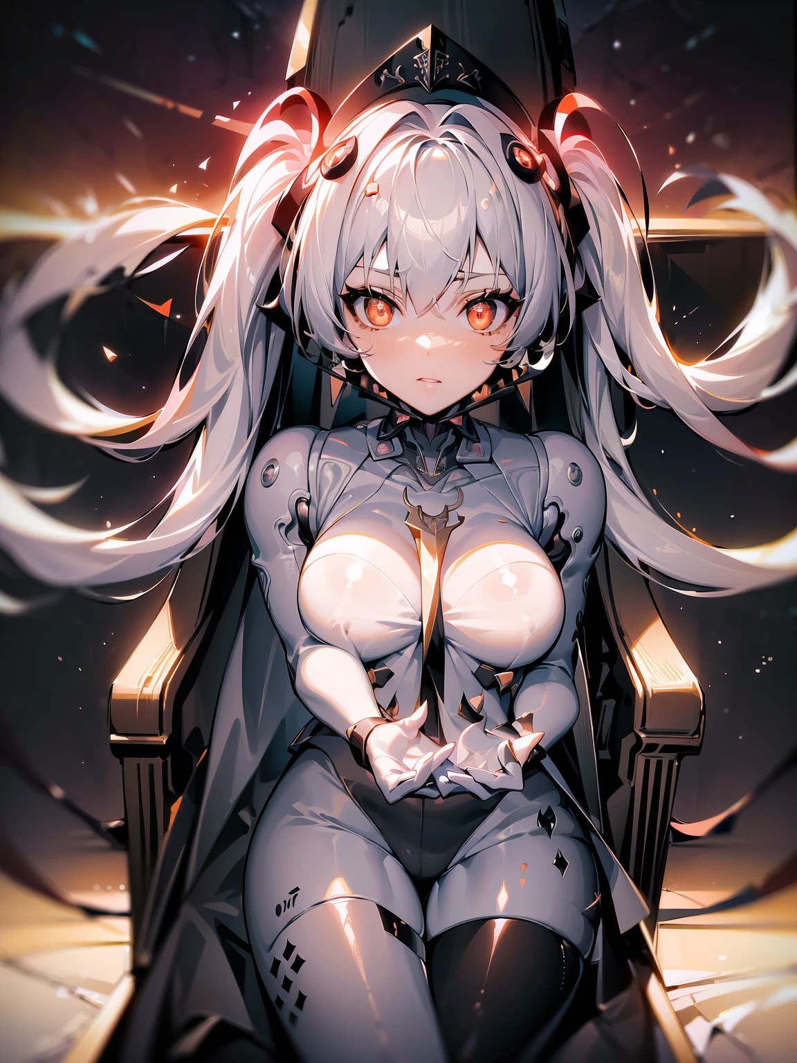 ((highly detailed)), punishing gray raven, luna laurel, perfect human hands, (great breast:1.1),masterpiece, best quality, ultra-detailed, glistening shiny, glowing light, ray tracing, HDR, deph of field, (perfect face, detailed face, detailed eyes,perfect hands,perfect fingeredium boobs:1.2),8k,HD,ultra realistic face,ray tracing,perfect lighting,best quality, ultra-detailed, shiny eyes, (looking from above,serious face:1.1), ((1girl:1.2)), (mature female:1.4),cowboy shot,thicc,(ass, from behind, ass focus,bent foward),(twintails),streaked_hair,((orange gradient hair)),multicolored eyes, gradient eyes, (glowing eyes:1.5), mascara, (fashion make up), parted lips,blush, coat, beret, scarf,((super detailed background)), dynamic poses, ((8k wallpaper)), white hair, ((sitting on a throne:1.2)), ((space background:1.2)), white body suit