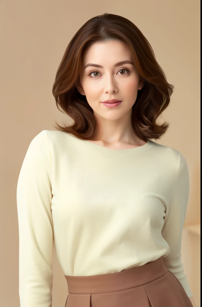 masuter piece, top-quality, masterpiece, hight resolution, Photorealsitic, Raw photography, 8k wallpaper, flawless, profetional lighting, ighly detailed, depth of fields,Pale solid color background, ((One beautiful woman)), ((25-years old)), Female sexy, Detailed face, beautidful eyes, bangss, small breasts of good shape, Light Brown Straight Hair, Faint lips, ((Stand forward、Staring at the viewer'serious face eyes.)),Sweaters, skirt by the, foot out of frame