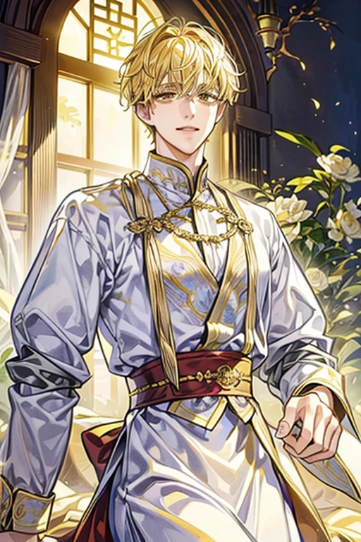 ((masterpiece:1.2、top-quality))、1male people(((straight short hair、golden yellow hair)))、Yellow eyes(a handsome:1.4)、long eyelashes、Fantasia、校服、royalty、blooming flowers、sunlights、royal hall hall、 Detailed background, 拡散sunlights、extra detailed face、A smile、best qualtiy, A sexy、Tall