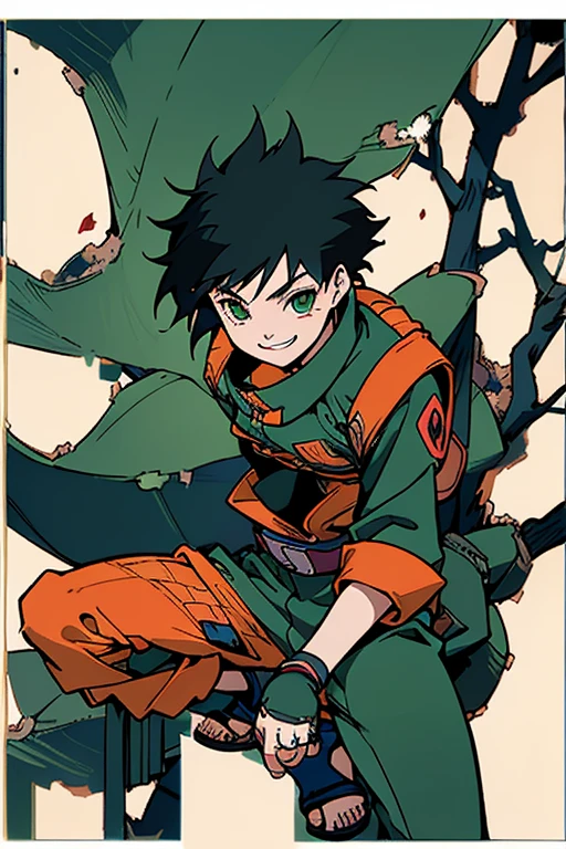 Masterpiece: 1.5, Best quality, High resolution: 1.3, Super resolution, Super detailed, Ultra detailed: 1.3, Rich background: 1.2, 1 girl)) pale skin + Black hair + green eyes + long lower eyelashes + short bad hair very messy undercut + short messy bangs + pre-teen body + (thigh-length green jumpsuit, black fishnet gloves, short orange fingerless gloves, metal plate on left hand, orange belt, blue ninja sandals, scrolls and ninja weapons) ((big smile, sitting on a tree branch, sitting on a hanging branch, leaves falling))
