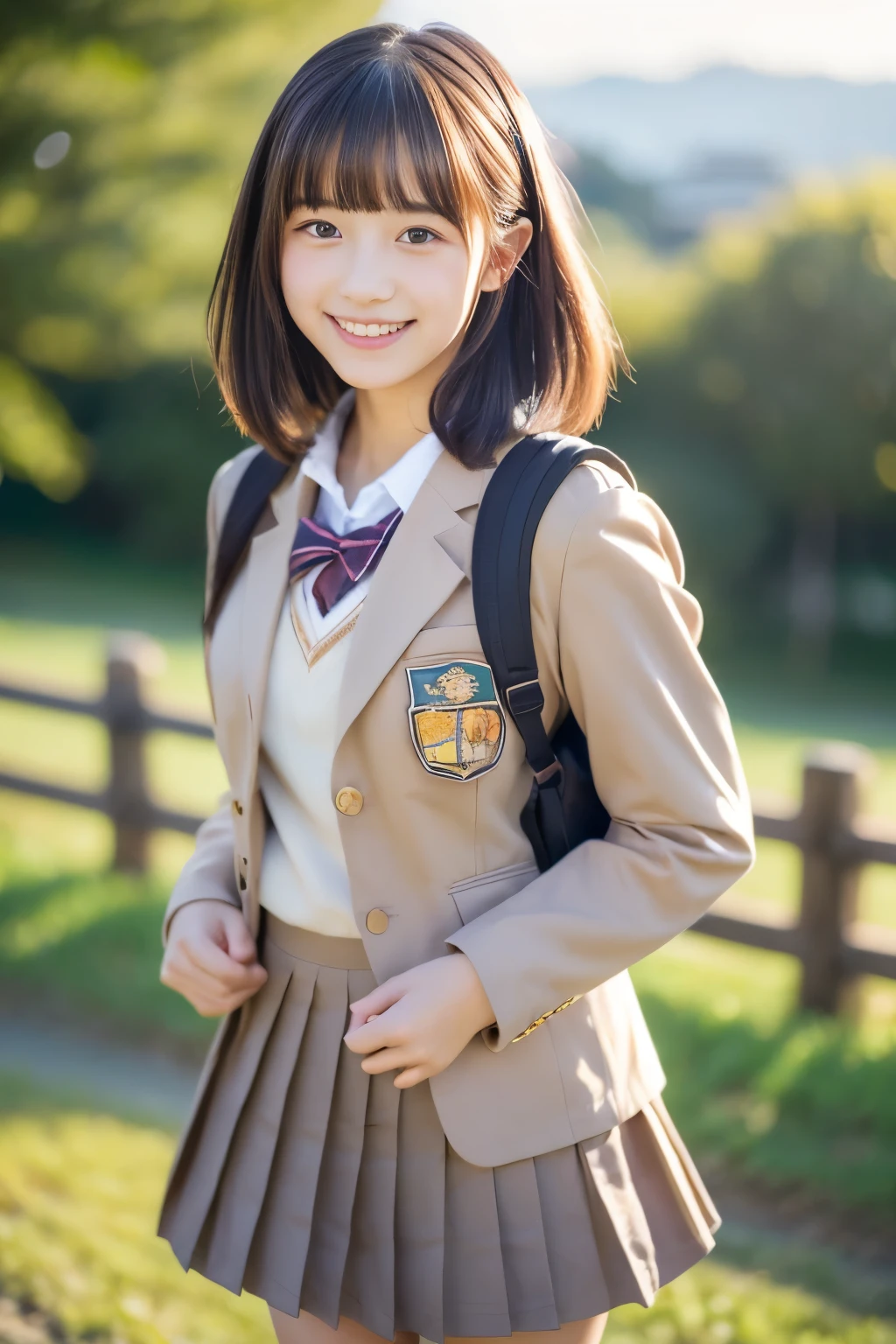 (((​masterpiece))),  (One beautiful Japan girl, classmates, landscape and innocence，kawaii) ，超A high resolution, Realistic, ultra-detailliert, 8K,top-quality, Extremely detailed, Detailed background,A slender,very beautiful japanese girl, Detailed face:1.3), (Boyish short-haired，A dark-haired :1.4), (a ，kawaii系,adorable 14 year oPerfect body:1.1),  (Brown blazer, light brown pleated mini skirt), The best smile,Show your beautiful teeth,Super Detailed Face、Detailed lips、A detailed eye、small gravure idol，Transparent skin、Lori，Japanese high school uniform with the school emblem on the chest，Carrying a backpack