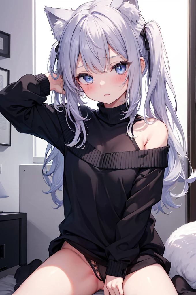 best quality, ultra precision, 1girl, cute, little girl, young, boyish, childish, small breasts, silver hair, cat ears, blue eyes, beautiful eyes, girl, ecstasy, sailor collar, estrus, metestrus, start to undress, naughty mood, she loves you, lost virgin, virgin, blush, sexy, beautiful skin, big bow on chest I'm not wearing panties BLUE SWEATER, BLACK SHIRT, SHIRT UNDER SWEATER, OFF SHOULDER TOP) Tsundere spread legs