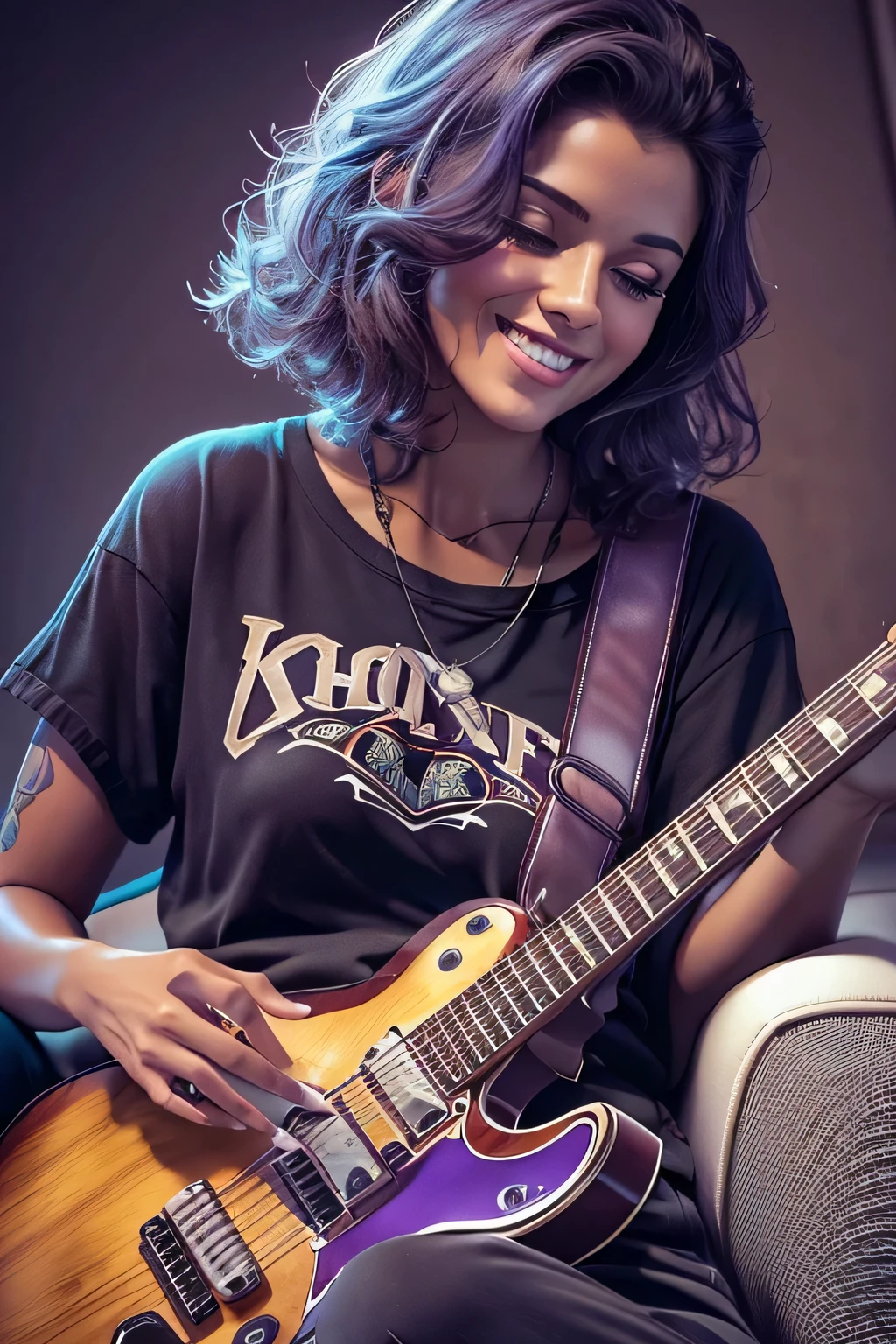 woman sitting on a couch playing a guitar and smiling, violet myers, guitar solo, playing guitar, the girl plays the guitar, playing the guitar, playing a guitar, playing guitars, playing electric guitar, holding a electric guitar, holding an electric guitar, rocking out, video screenshot, women playing guitar, holding electric guitar, futuristic electric guitar, jaw-dropping beauty