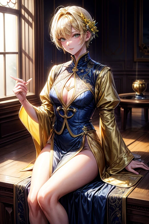 ((masterpiece:1.2、top-quality))、1male people(((straight short hair、golden yellow hair)))、Yellow eyes(a handsome:1.4)、long eyelashes、Fantasia、校服、royalty、blooming flowers、sunlights、royal hall hall、 Detailed background, 拡散sunlights、extra detailed face、A smile、best qualtiy, A sexy、Tall