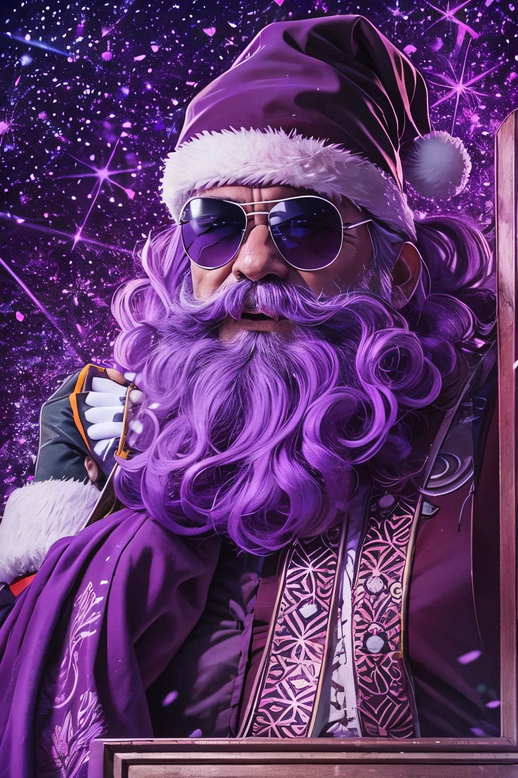 arafed image of a santa claus with sunglasses and a purple banner, actual photo, ๐บ๐ฆ, ๐ฟ๐๐, real atmosphere, real photo, ๐๐๐พ, stu_dts, the best ever, purple magic, real ungine, crazy atmosphere, inspired by Sava ล umanoviฤ, purple glow, leon tukker, hannover