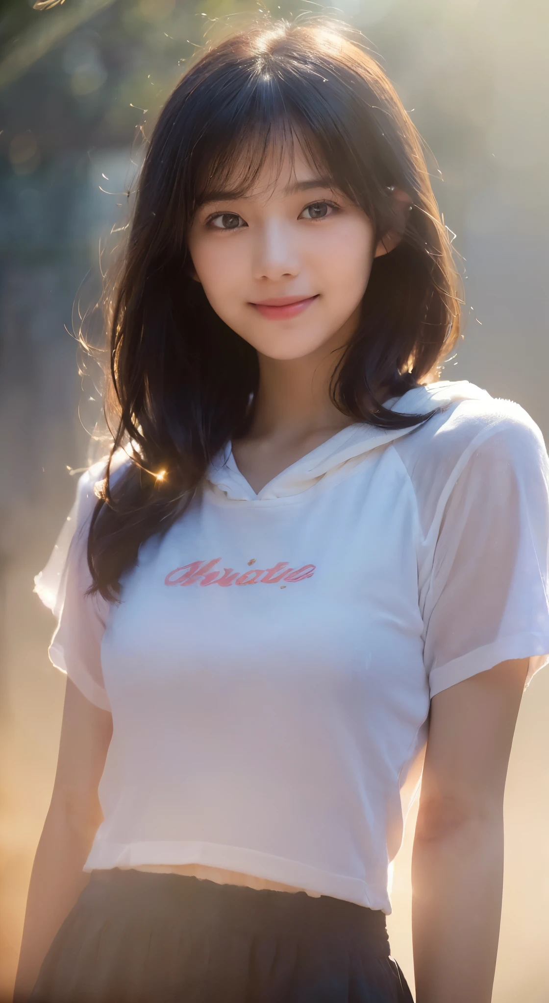 (top-quality,in 8K,​masterpiece:1.Photoreal Stick:1.4,RAW shooting),(fog the lens:1.5),(Shoot with blur:1.5),(facing front),(Bust-up shot:1.1),(Intense sunlight:1.4),(Sunlight pouring down from above:1.4),(The whole thing looks white and hazy:1.5),(A light shines in front of the girl:1.4),(The girl looks hazy because of the bright light.:1.5),(Strong sunlight spreads across the screen:1.4),(front lit:1.3),(reflect light onto the lens:1.4),(lensflare:1.1),(A smiling girl looks at me:1.1),Black hair short bob,black hoodie shirt,(blur backgroun:1.4),Close-up of the face,Face Focus