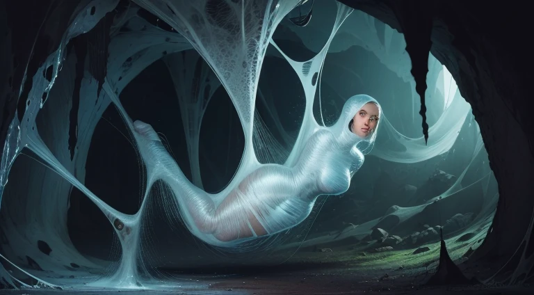 "(best quality,4k,highres),1 girl, trapped in a sticky, rubbery, slimy cocoon, being attacked by a massive spider in a cave filled with spider webs. [dark, creepy], [surreal, dreamlike], eerie lighting"