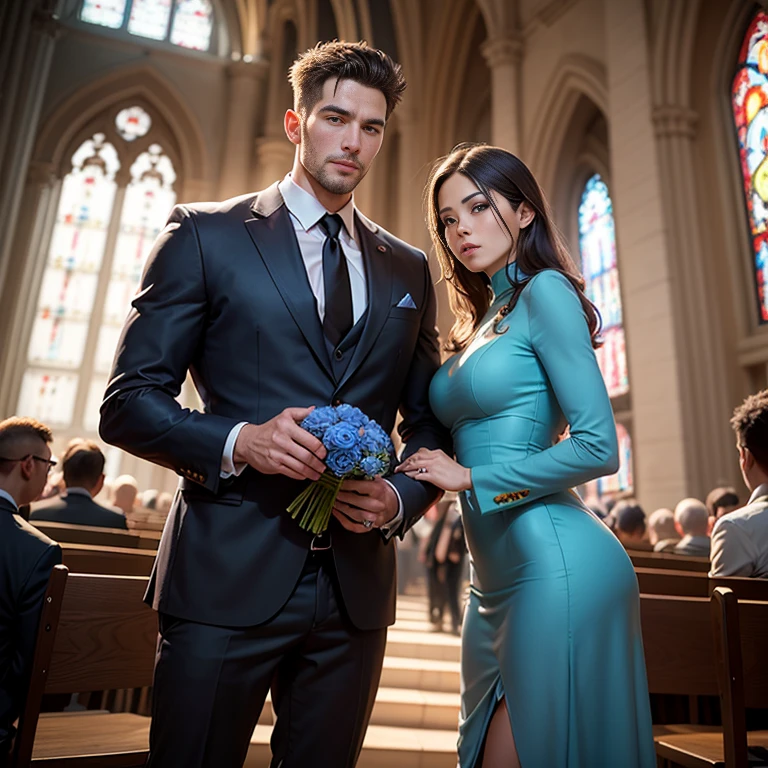 k hd,8K分辨率,professional photoshooting,profesional lighting,two very attractive men,30 age old,tall and fit,cool guy,A person holds a bouquet of blue roses in his hand,elegant suit,Impressive appearance,In a luxurious and modern cathedral,The church was full of people and it was a happy, Perfect and highlight moments of their lives.,H super cannon,细节delicated完美,best qualityer,delicated,highly detailed。超高分辨率,Complicated detailinely detailled,physically-based renderingt,Good balance,edge lit,tack sharp focus,photograph of-realistic,photorealistic art,HDR,realistic model